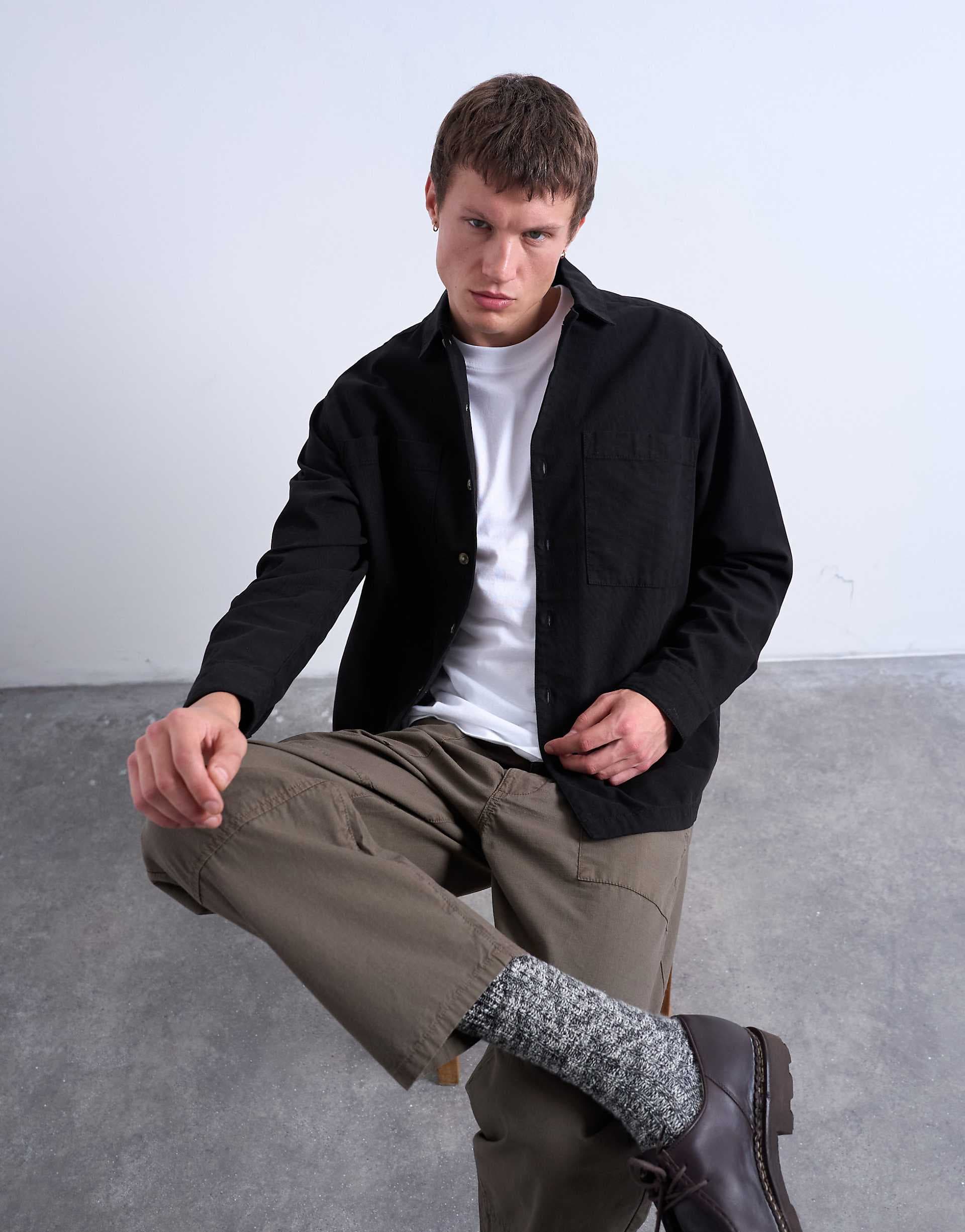Topman regular fit twill overshirt in black