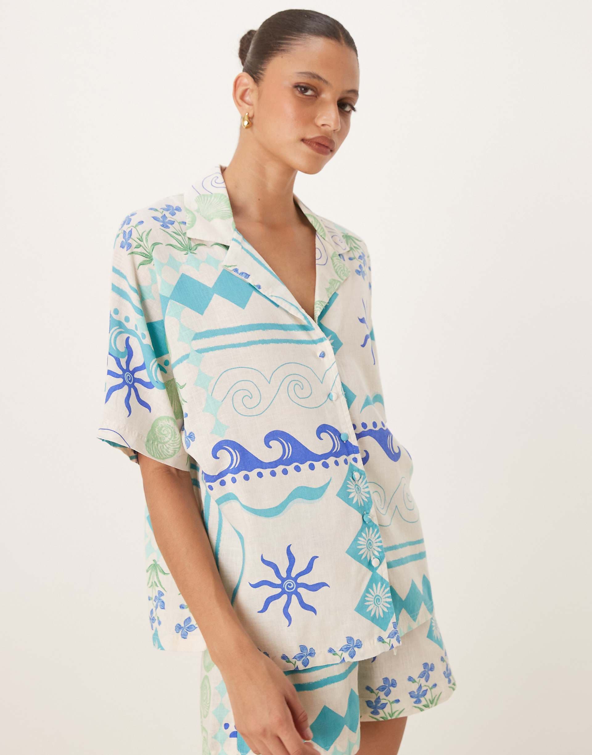Nobody's Child Rhian linen shirt in white and blue - part of a set