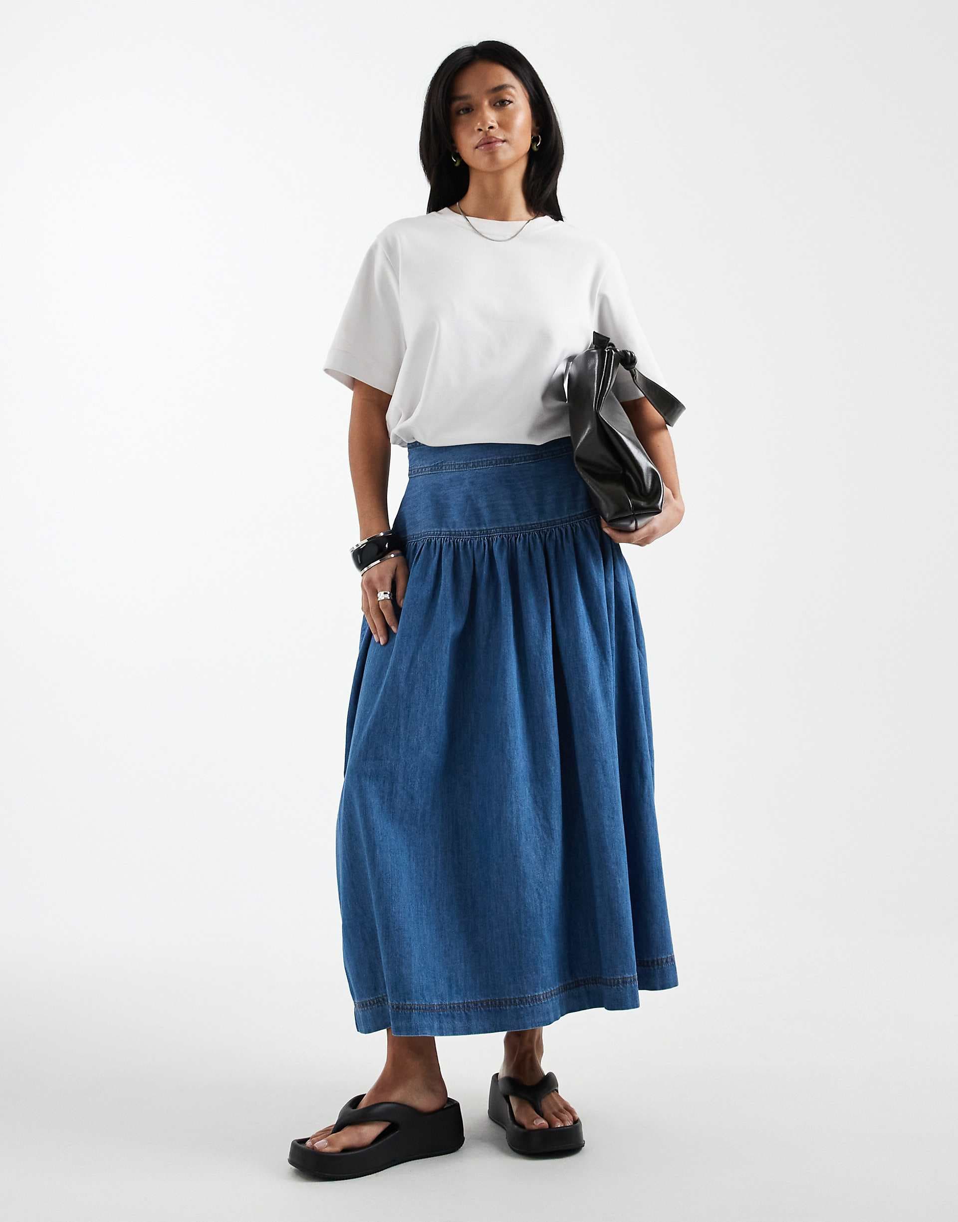 ONLY Petite dropped waist denim midaxi skirt in mid blue