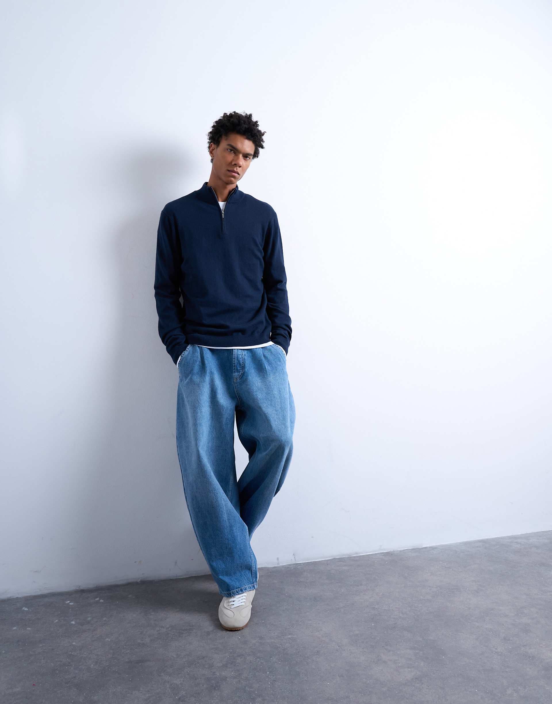 Topman essential knit 1/4 zip funnel neck sweater in navy