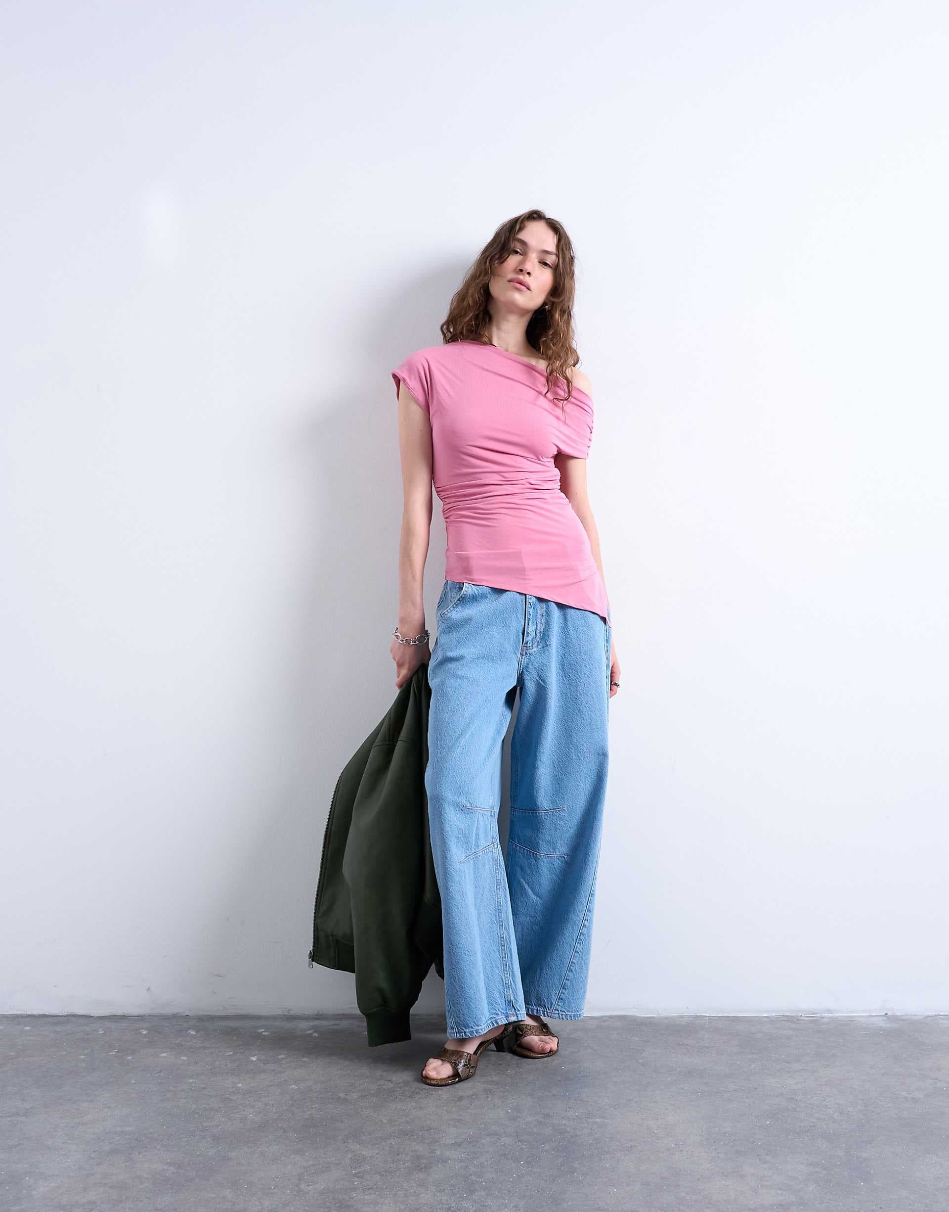 Topshop asymmetric one shoulder top in pink