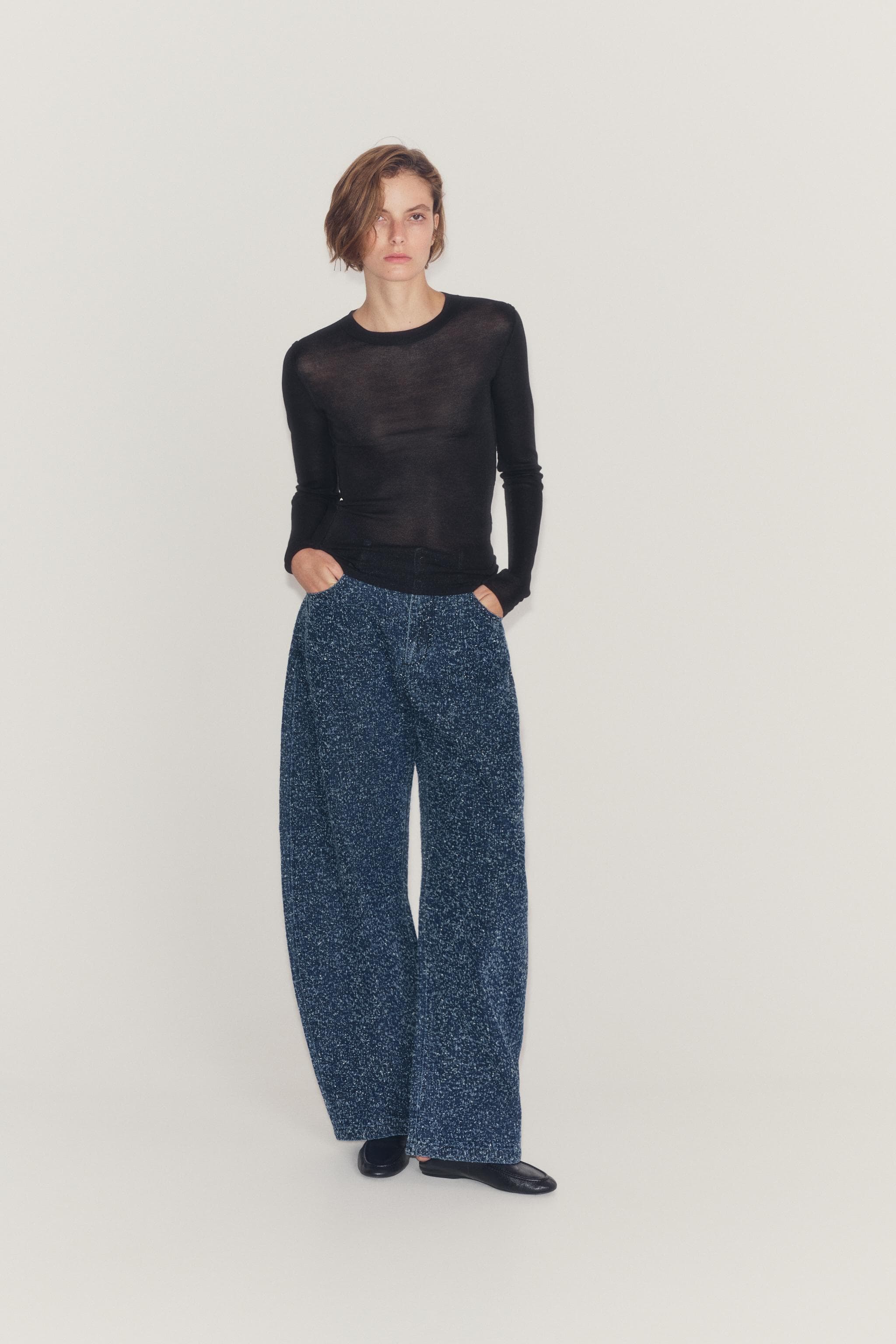 ZW COLLECTION TEXTURED MID-WAIST WIDE-LEG JEANS