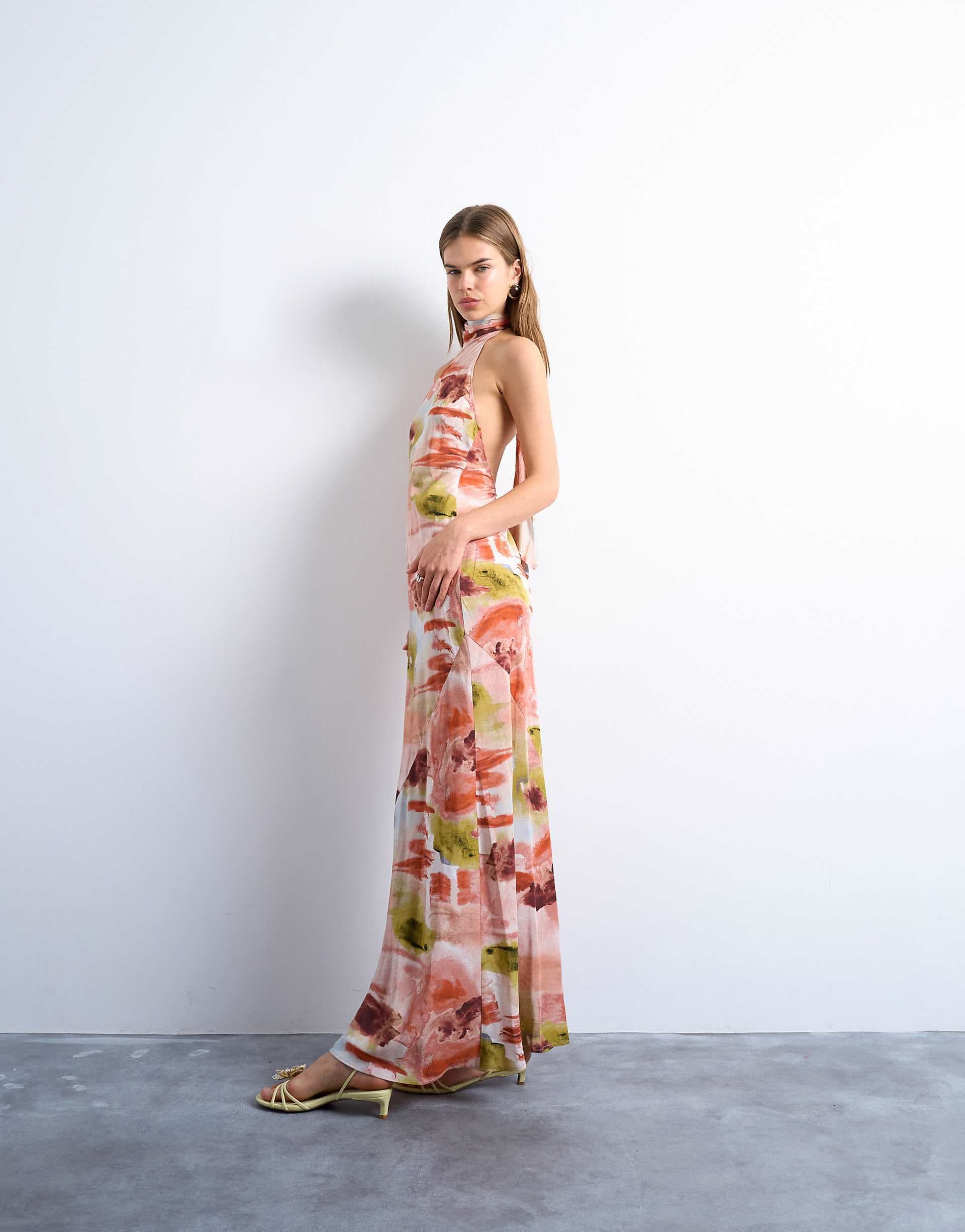 Topshop full neck halter midi dress in bold abstract floral