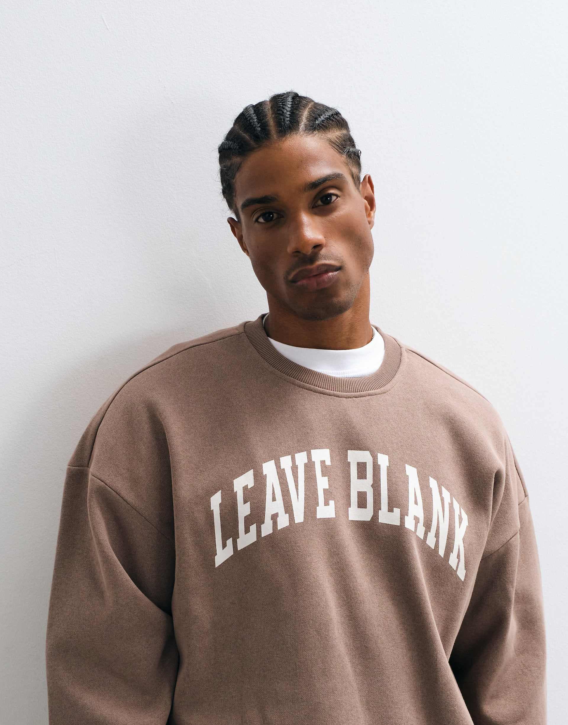 ONLY & SONS oversized crew neck sweatshirt with Leave Blank varsity print in light brown