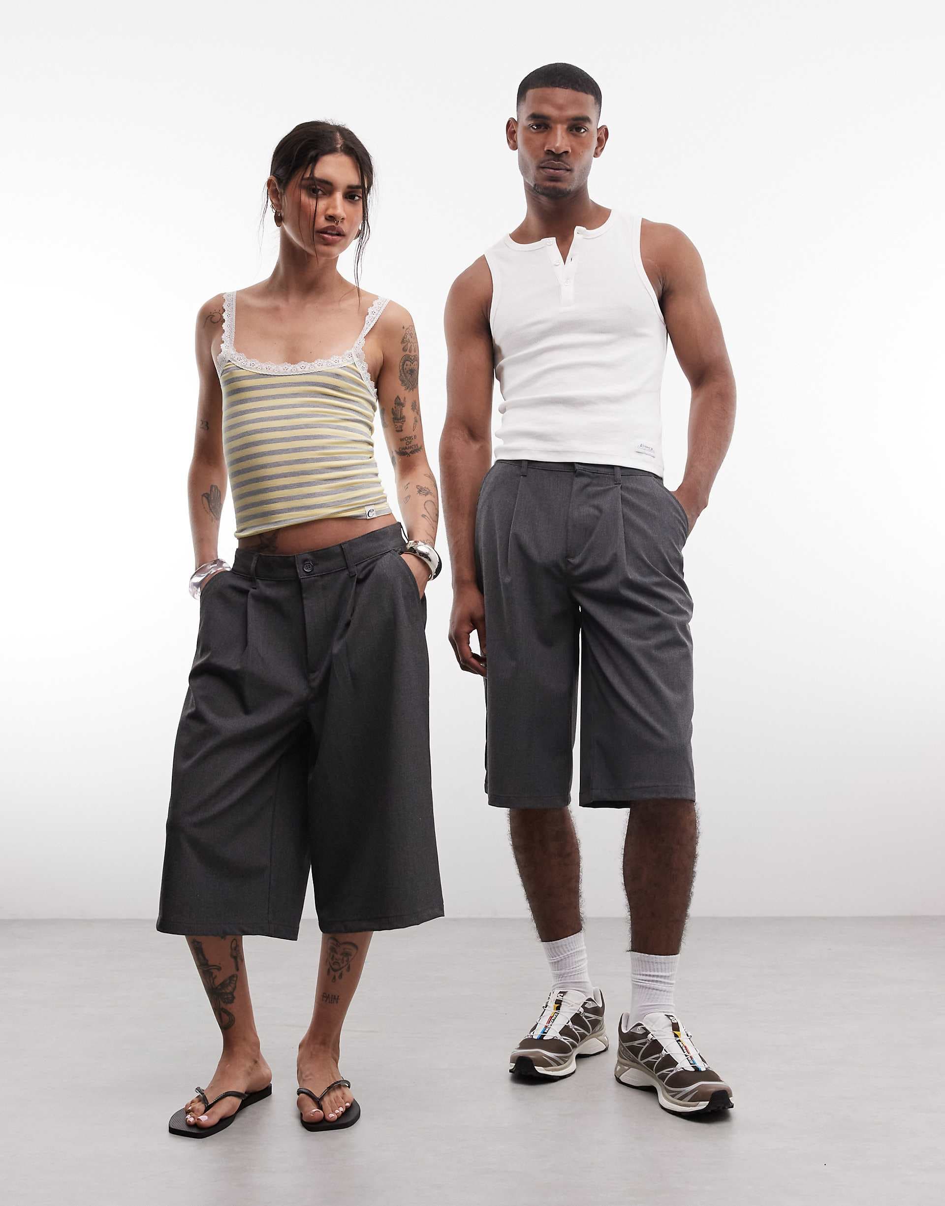 COLLUSION Unisex longline shorts in charcoal
