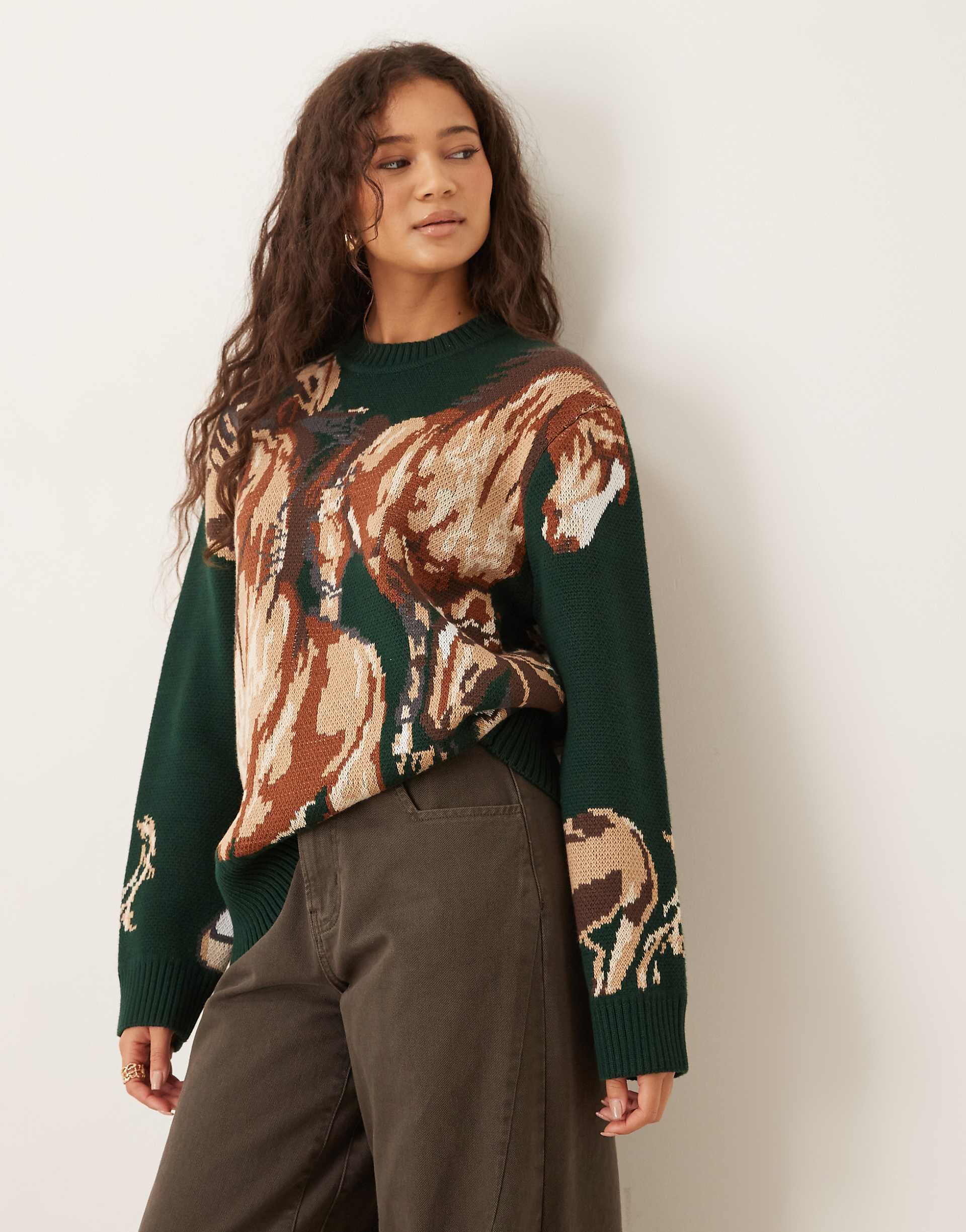 House of Sunny classic wild horses sweater in emerald green