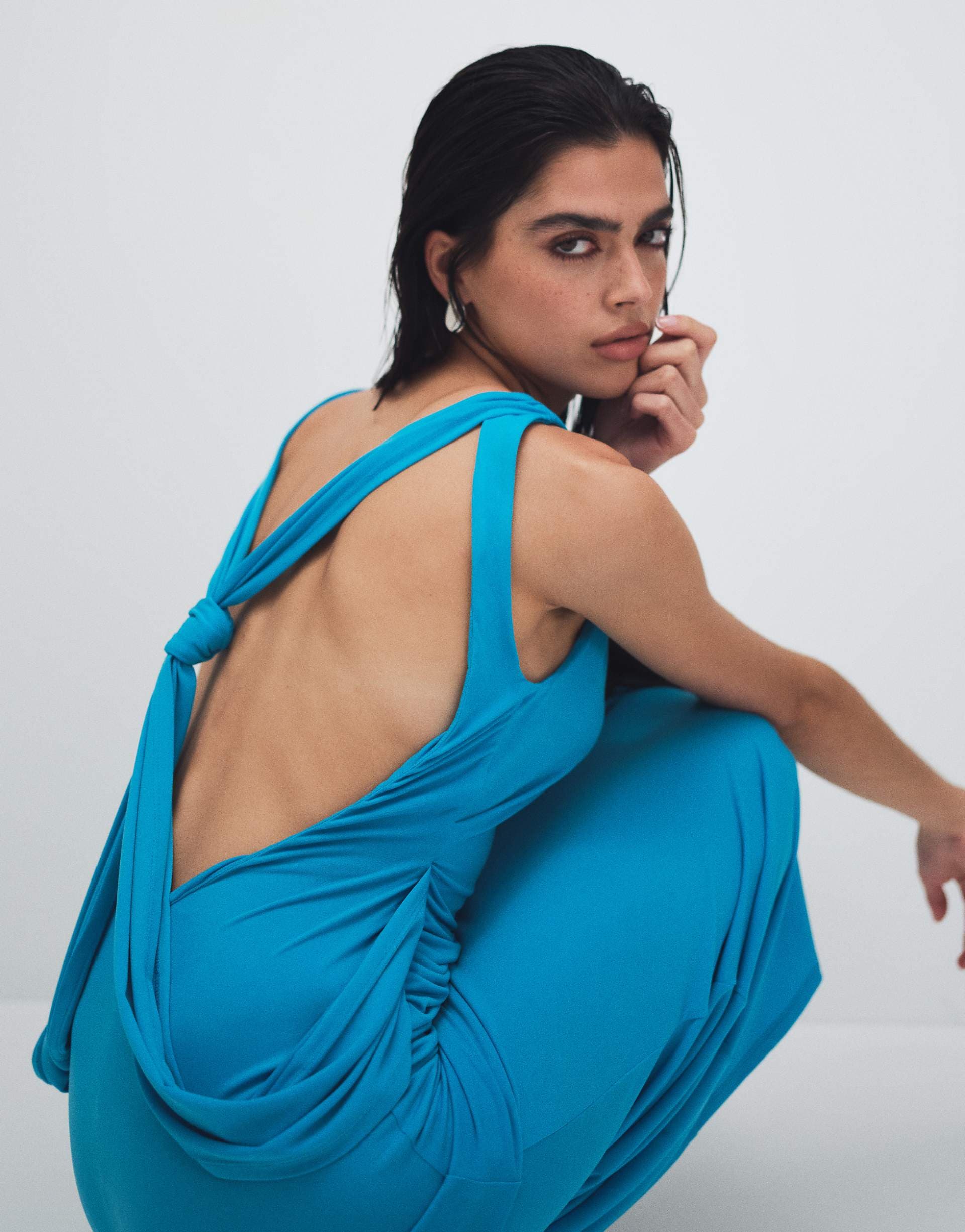 ASOS DESIGN slinky maxi dress with drape knot back detail in turquoise