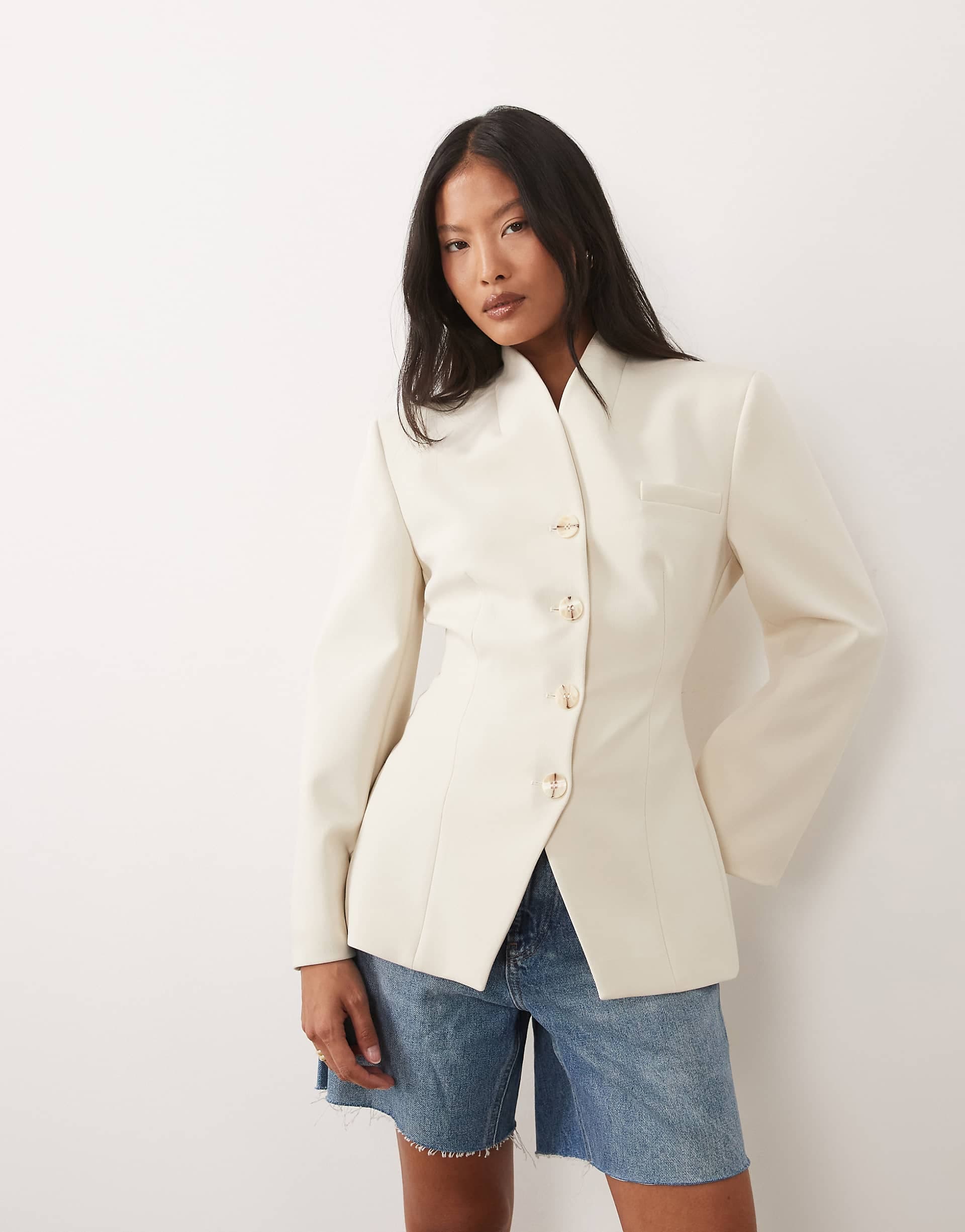 Miss Selfridge Petite collarless blazer in ivory