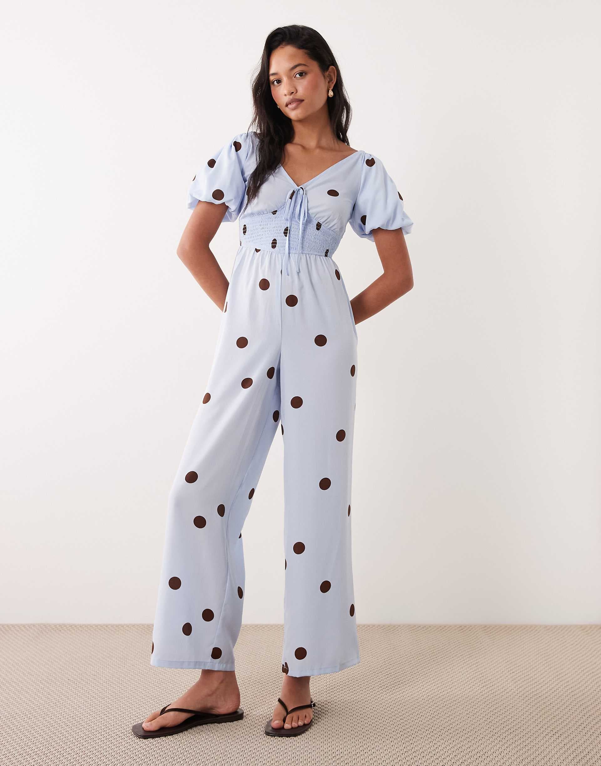 Wednesdays Girl tie detail romper in blue with brown polka dot
