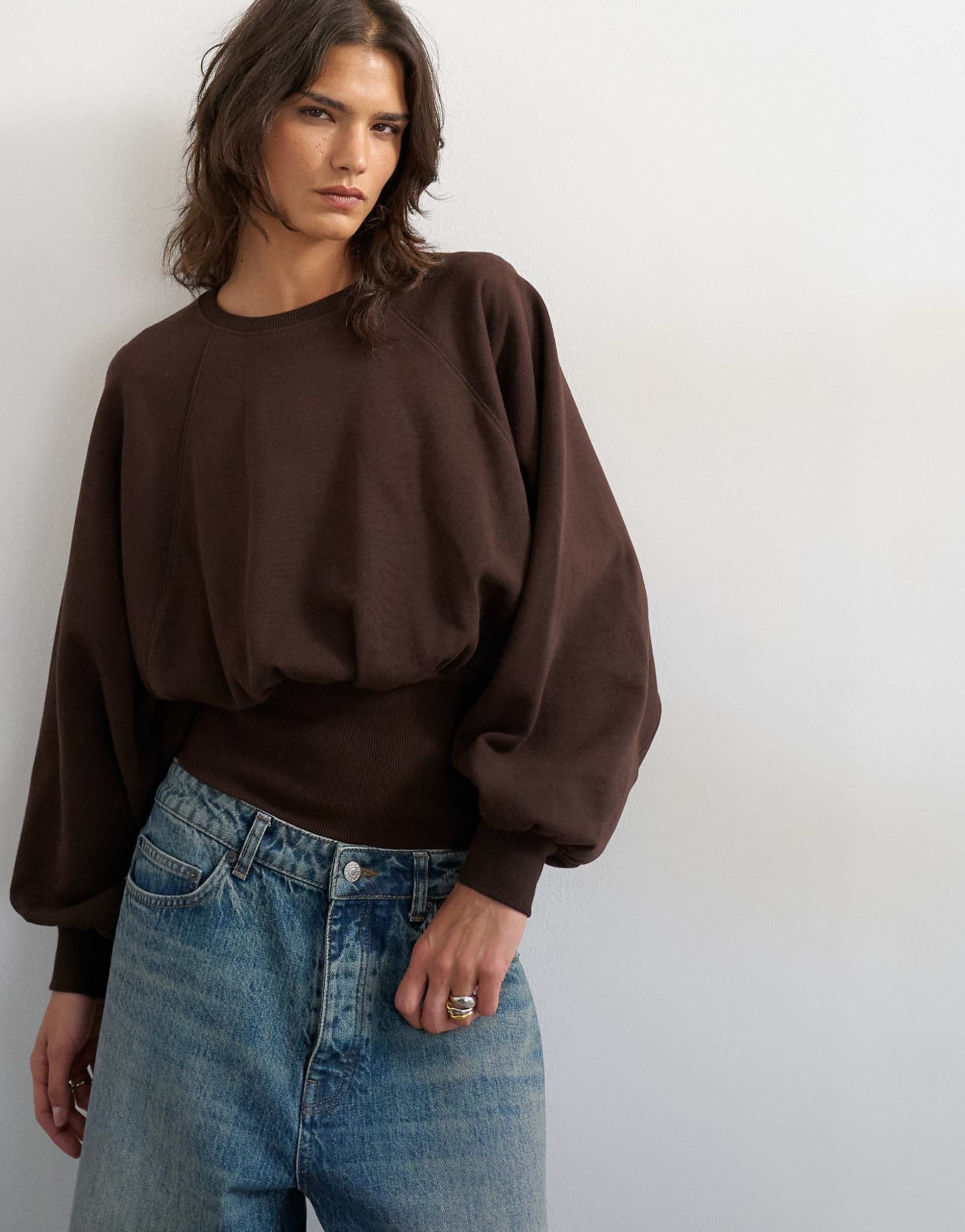 Topshop raglan cinched waist ruched sweatshirt in chocolate