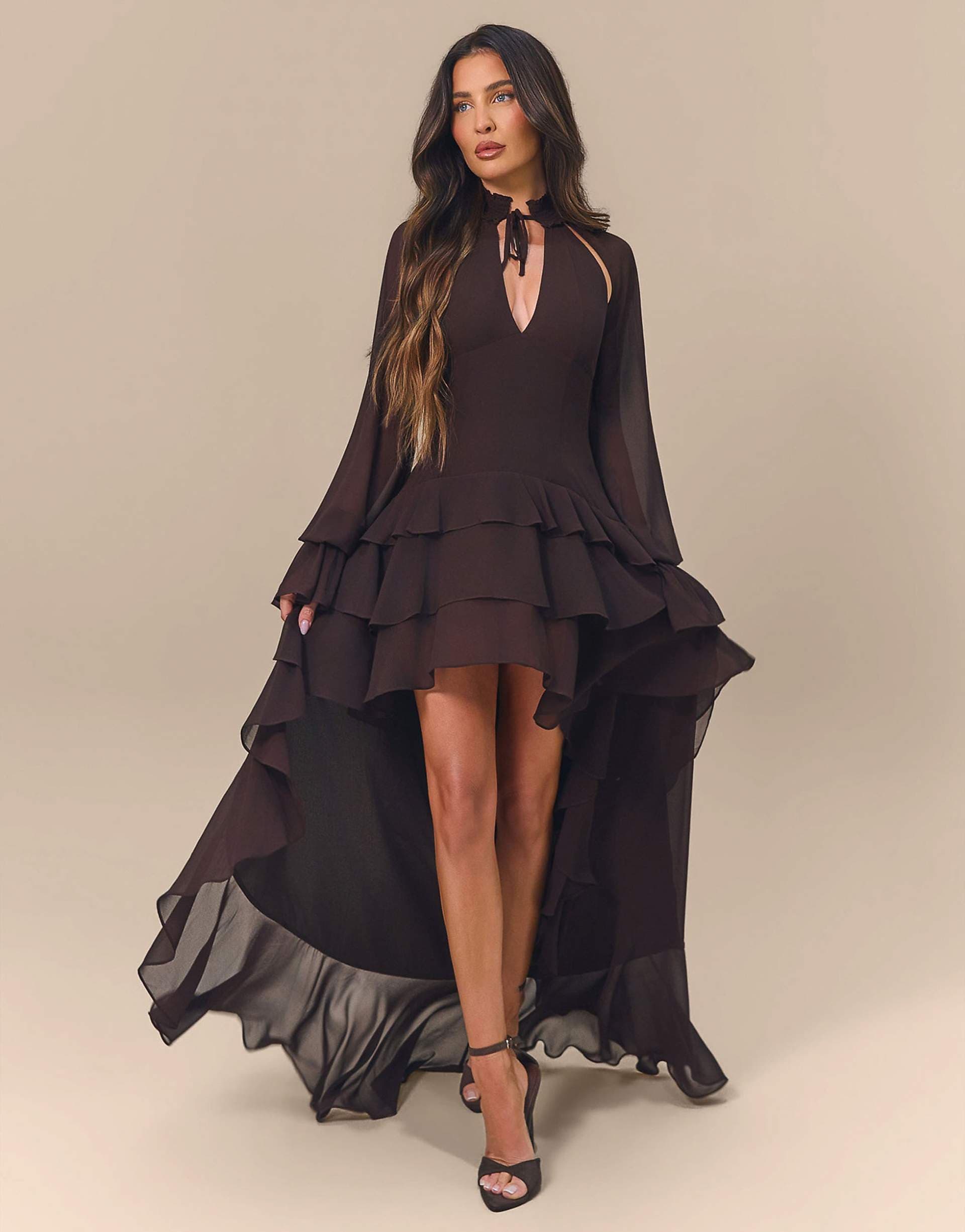 Wanderdoll x Emma Milton Fleur tie neck ruffle high-low hem chiffon maxi dress in chocolate