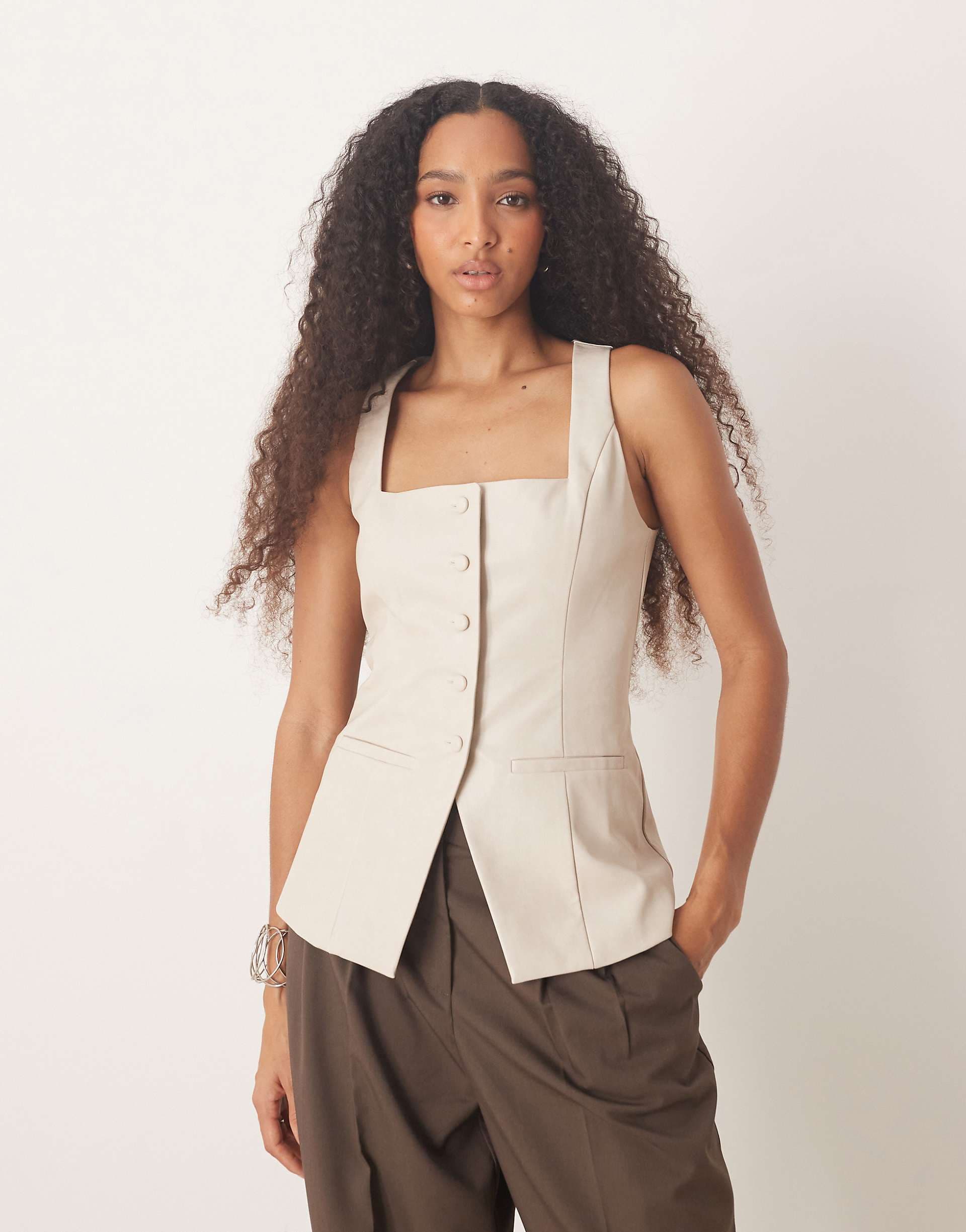 Pretty Lavish leather look longline vest in stone