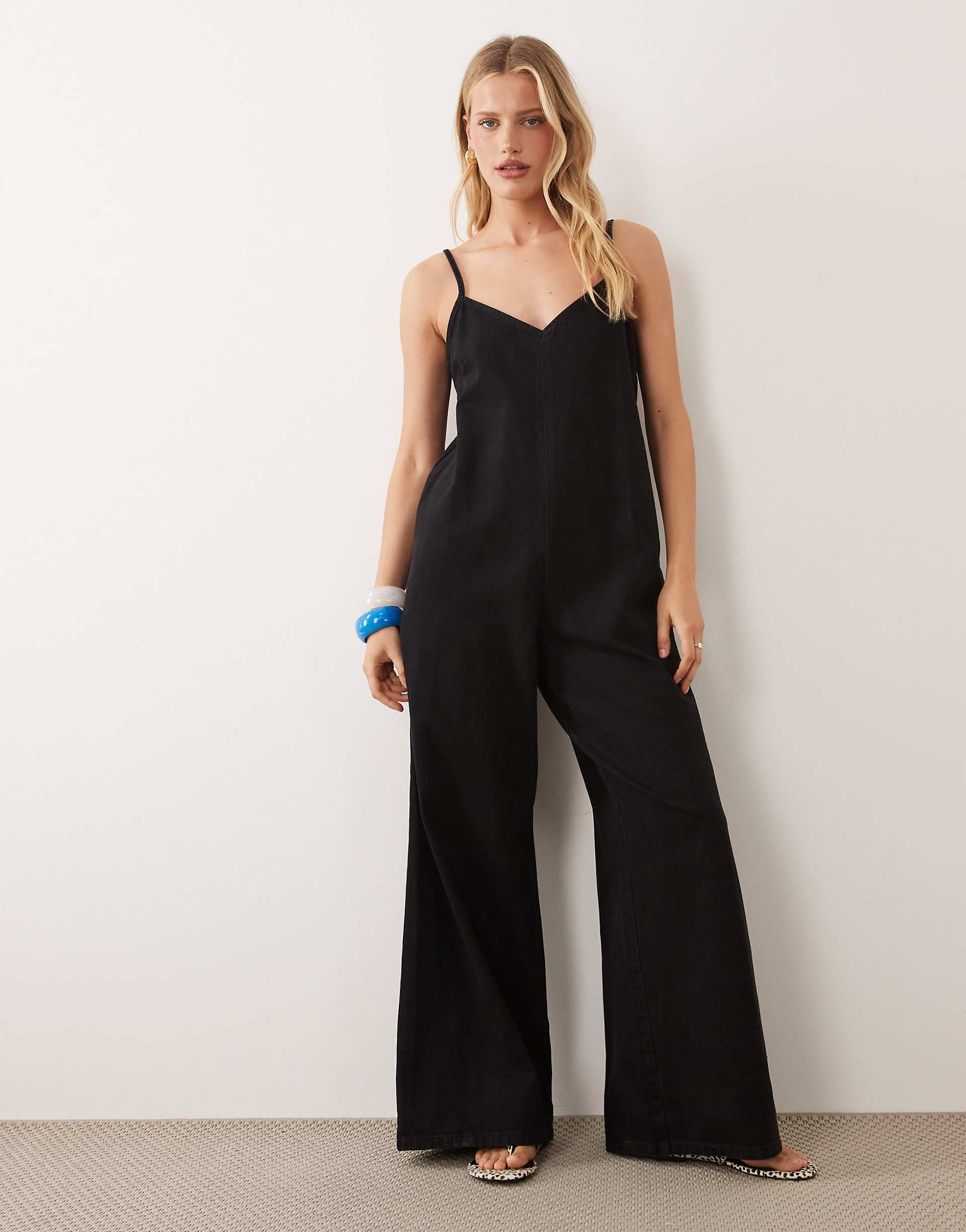 ASOS DESIGN soft denim jumpsuit with wide leg in black