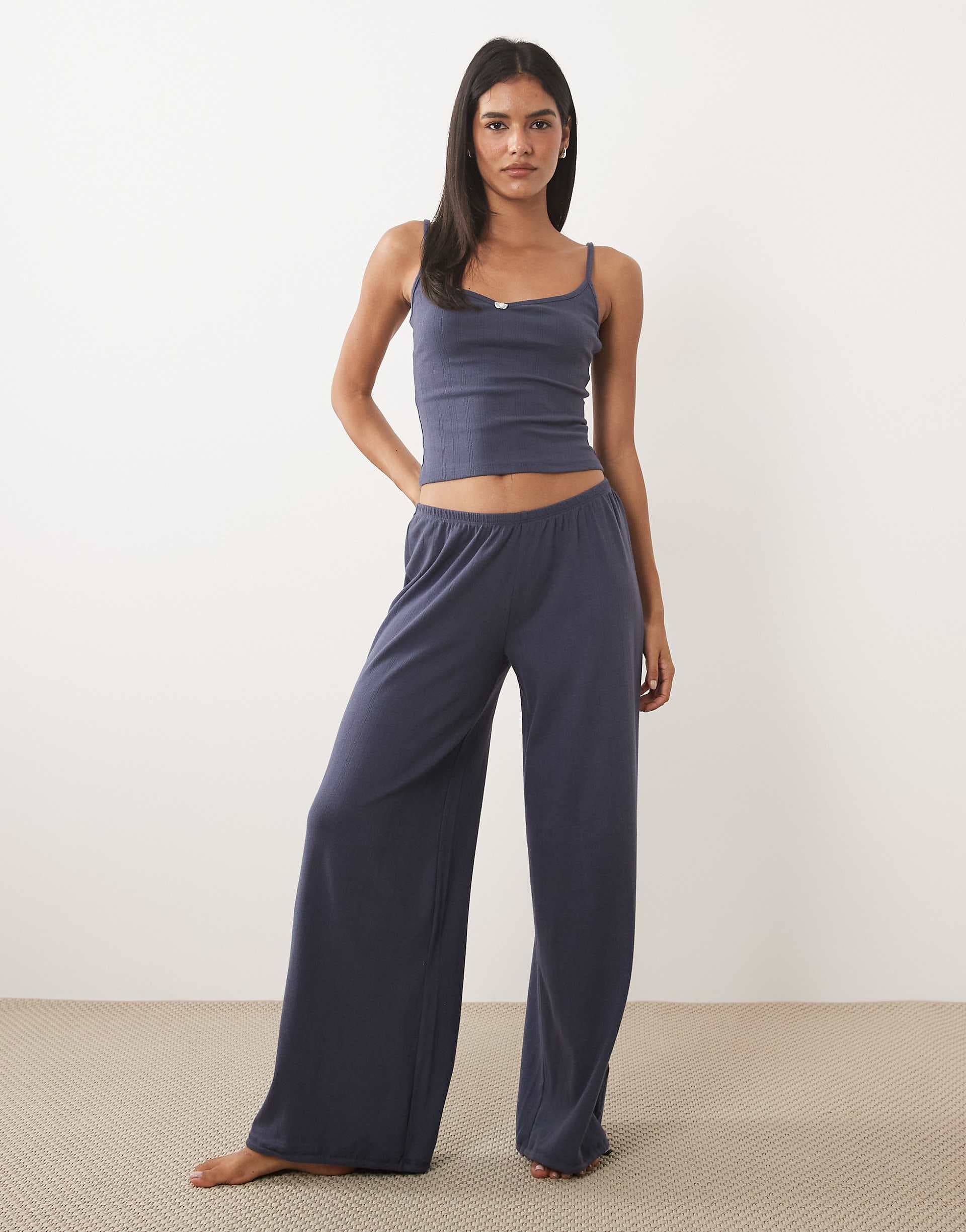 Cotton On pointelle cami top and wide leg pants pajama set in steely blue