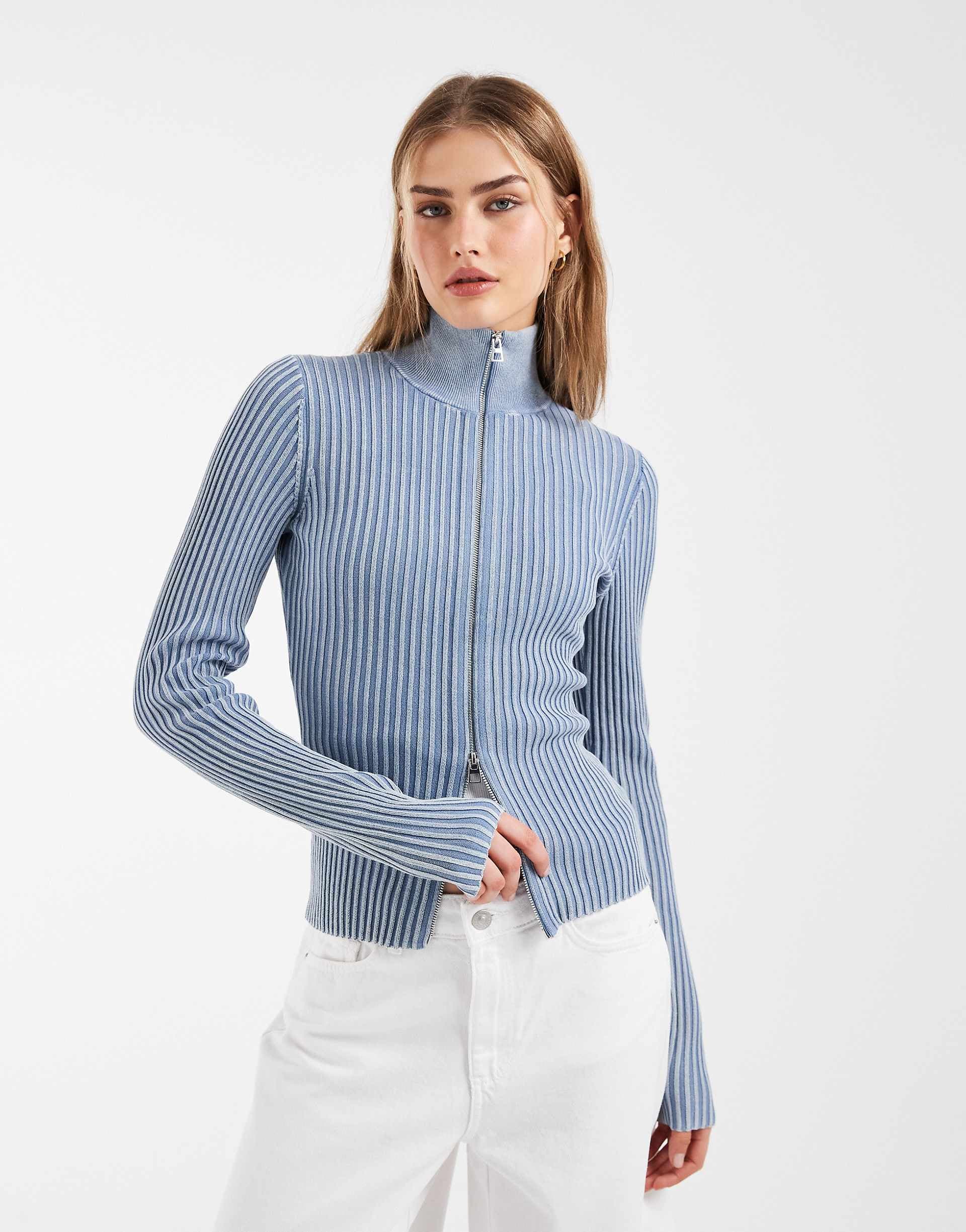 & Other Stories ribbed full zip funnel neck cardigan in acid wash blue