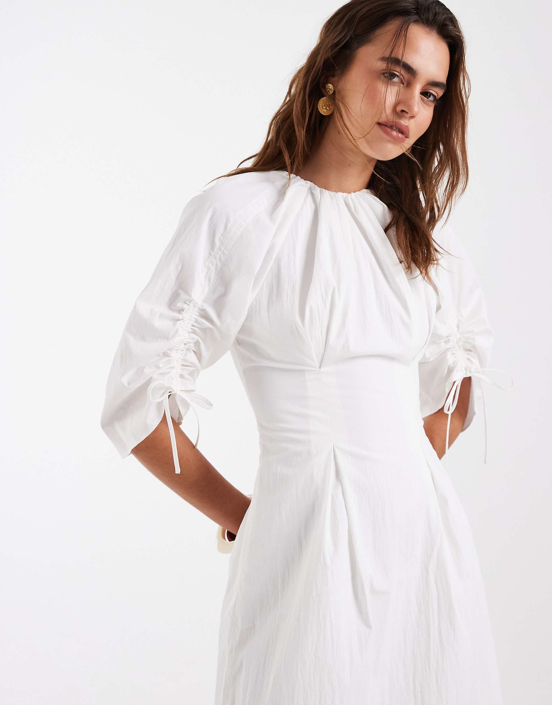 & Other Stories volume cinched sleeves midi dress in white