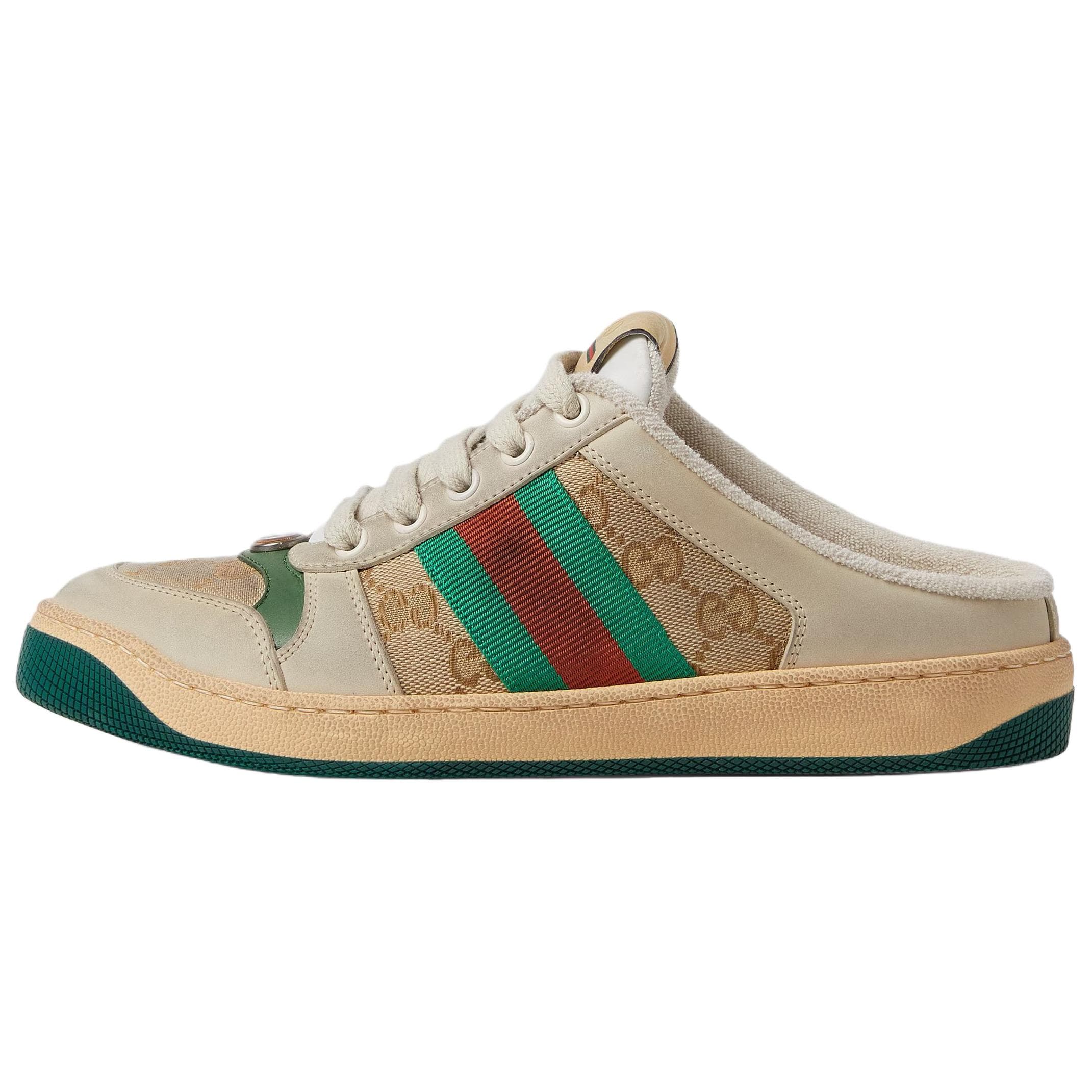 GUCCI Screener Round Toe Lace-Up Mules Rubber Toe-Cap Slides Women's Beige