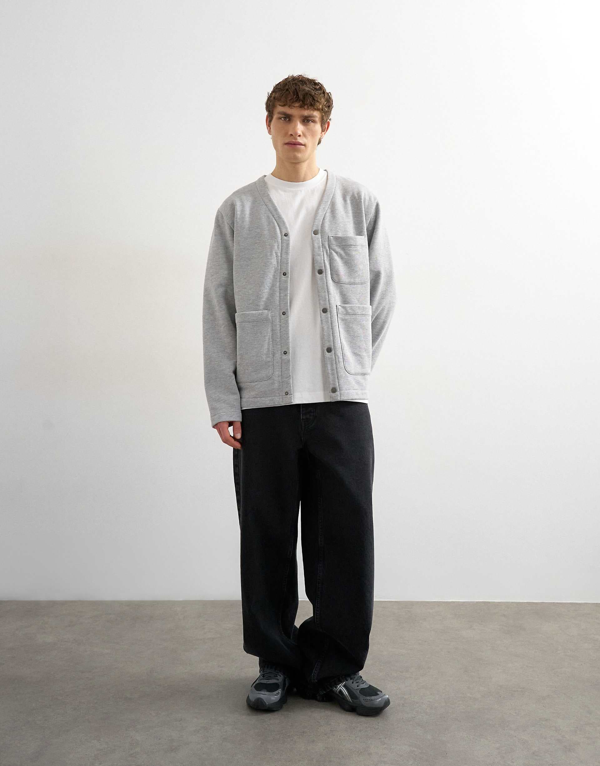 Topman oversized fit jersey cardigan in gray