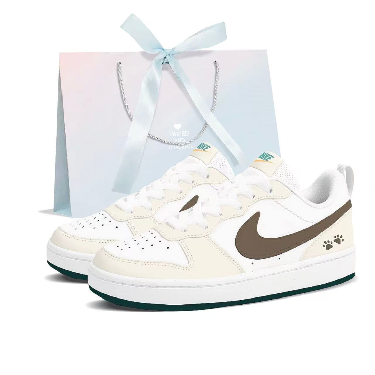 Custom SneakersNike Court Borough Milk Coffee Cat Paw Synthetic Leather Gift Bag Style Cute Fresh Sweet Couple GS Trendy Versatile Campus Style Slip-Resistant Wear-Resistant Low-Top Skate Shoes Women's Cream White Brown