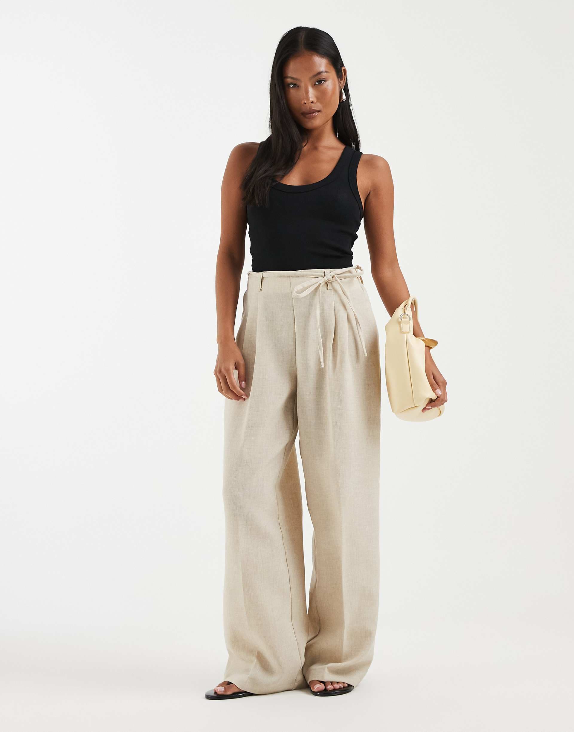 Vero Moda Petite woven pleat front tailored pants with tie waist in stone