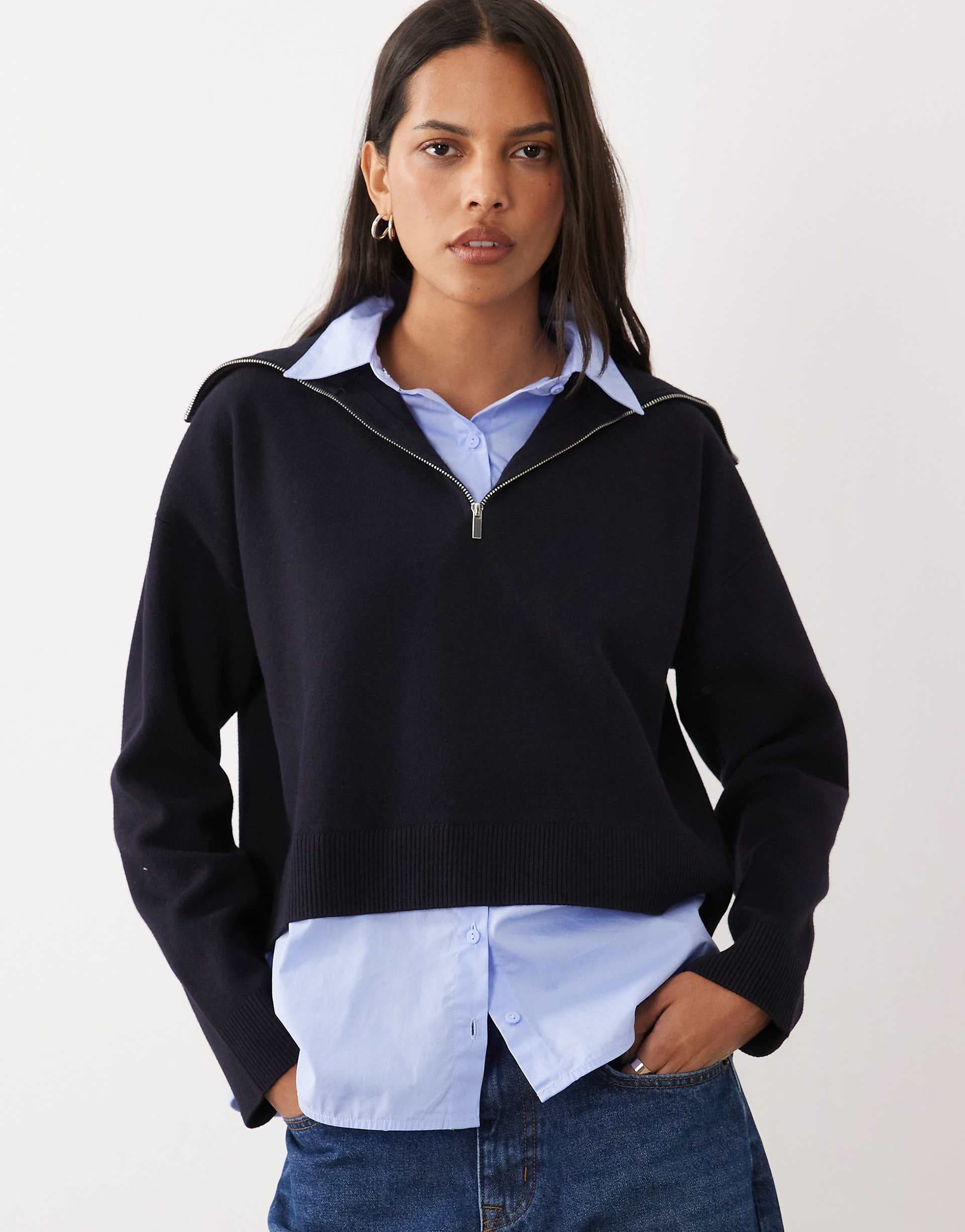 Mango 2 in 1 quarter zip sweater with shirt in blue