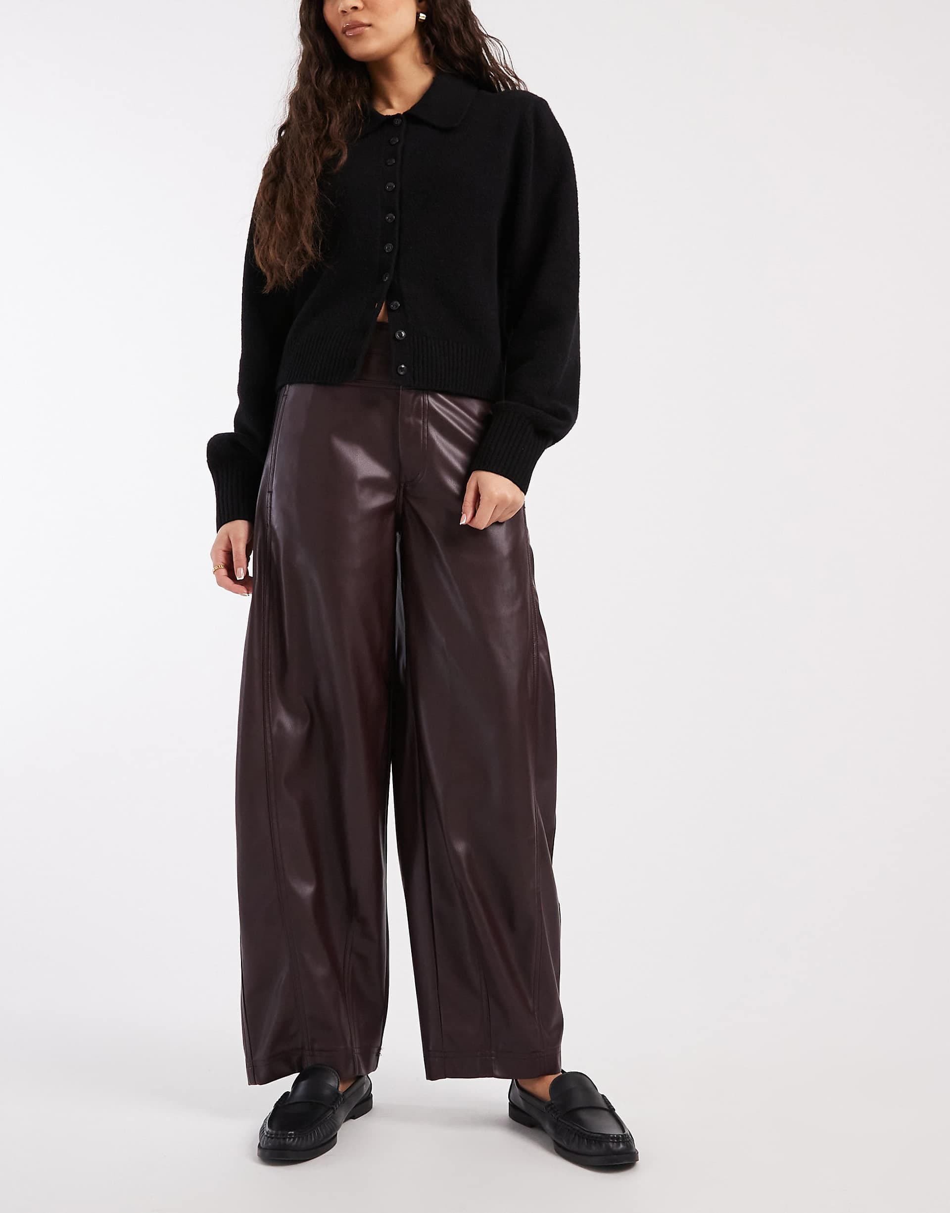 ASOS DESIGN faux leather barrel leg pants with seam detailing in plum