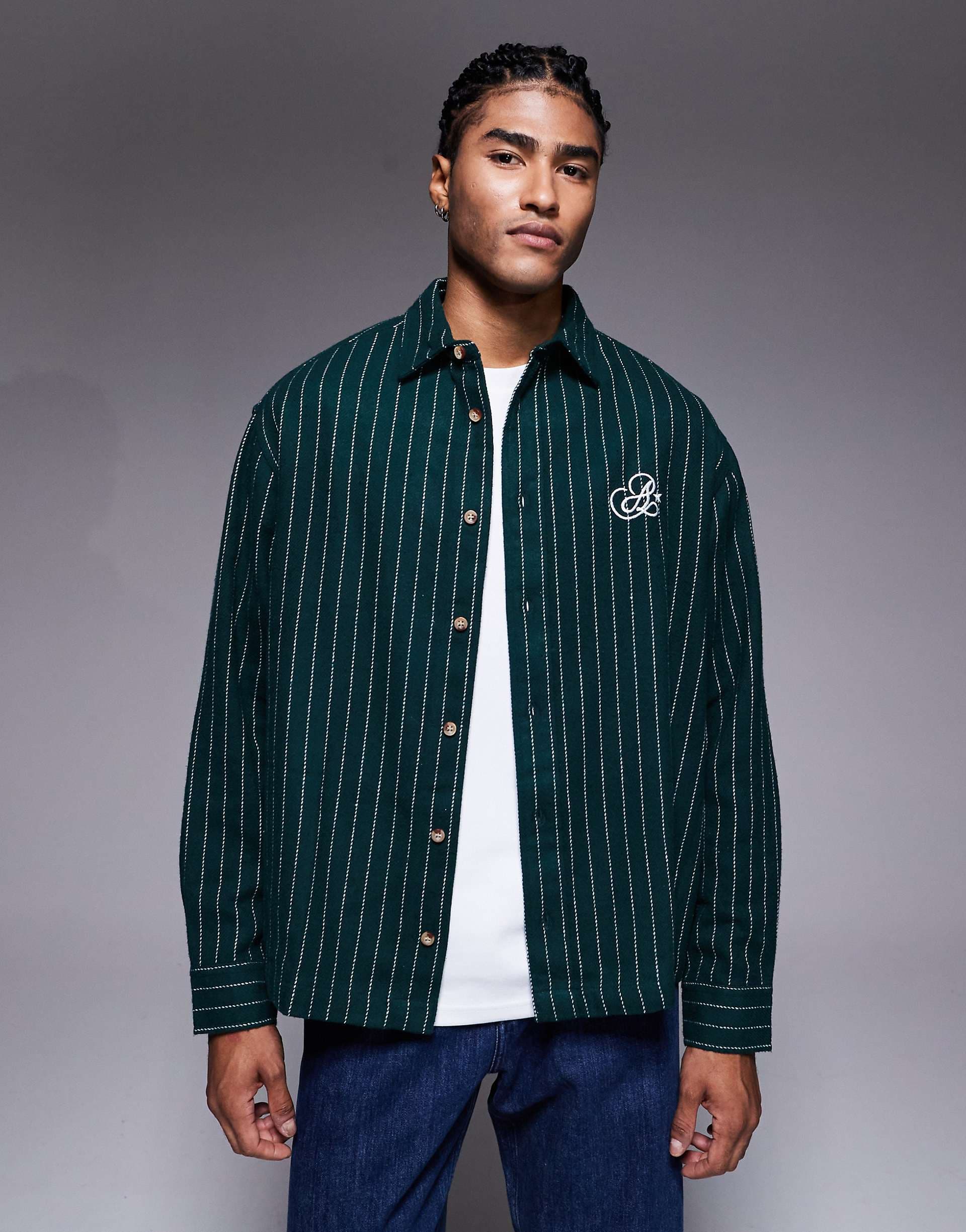 ASOS DESIGN oversized stripe shirt with chest embroidery in green