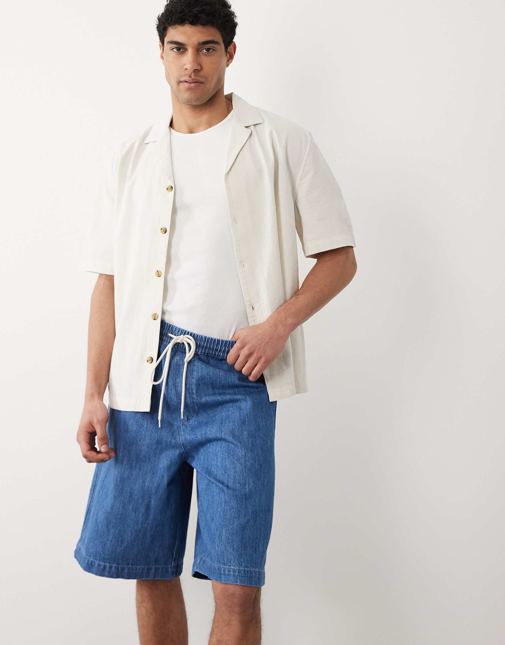 ASOS DESIGN lightweight loose denim jorts in light wash blue with tie waist