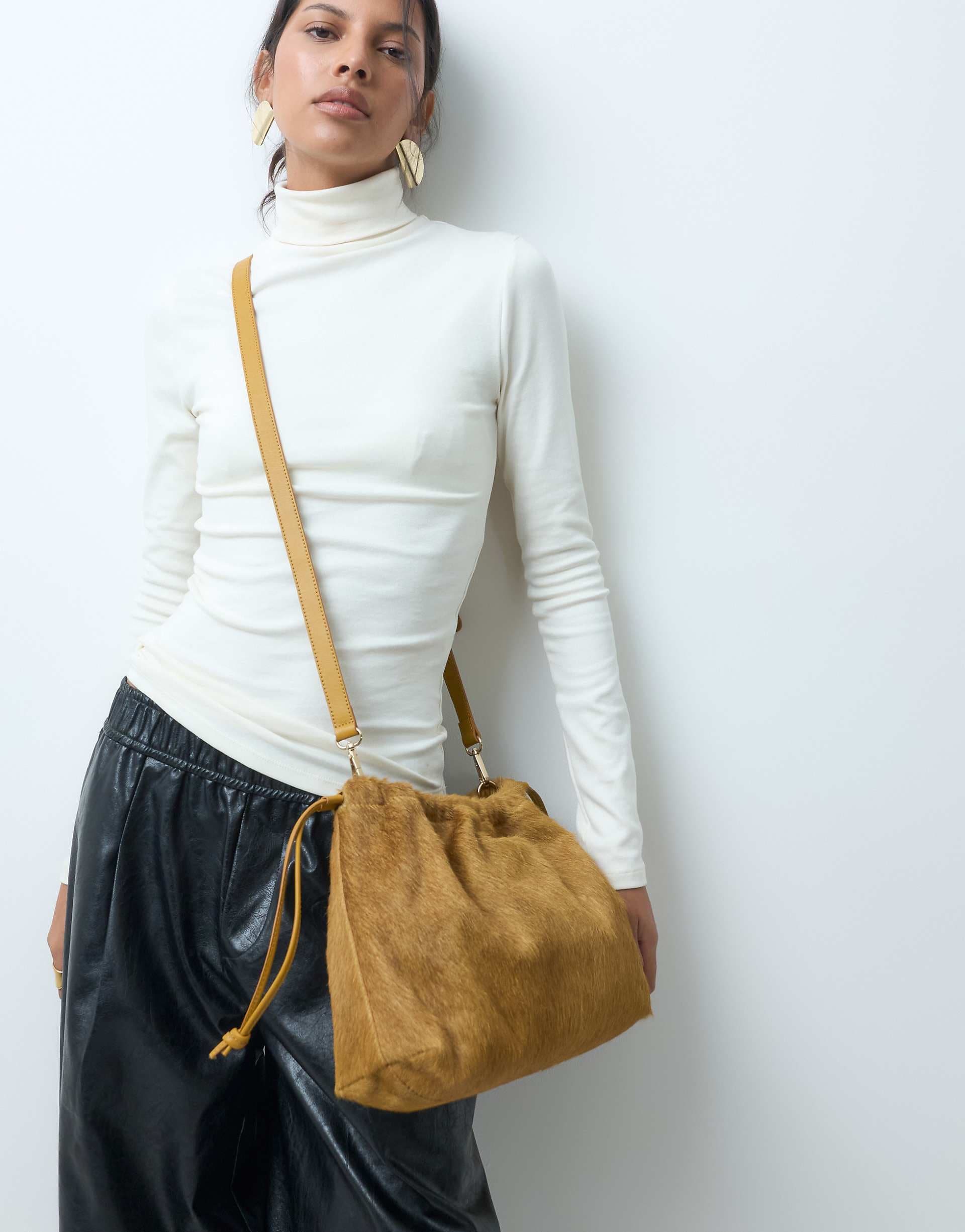 ASOS DESIGN hair on leather drawstring pouch clutch bag with detachable strap in chartreuse