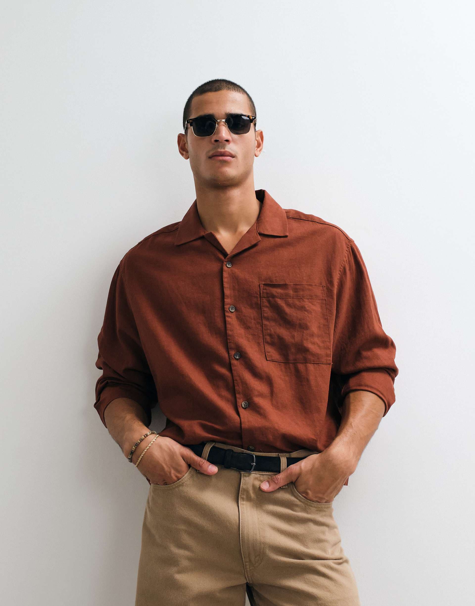ASOS DESIGN boxy oversized revere linen blend shirt in brown, part of a set
