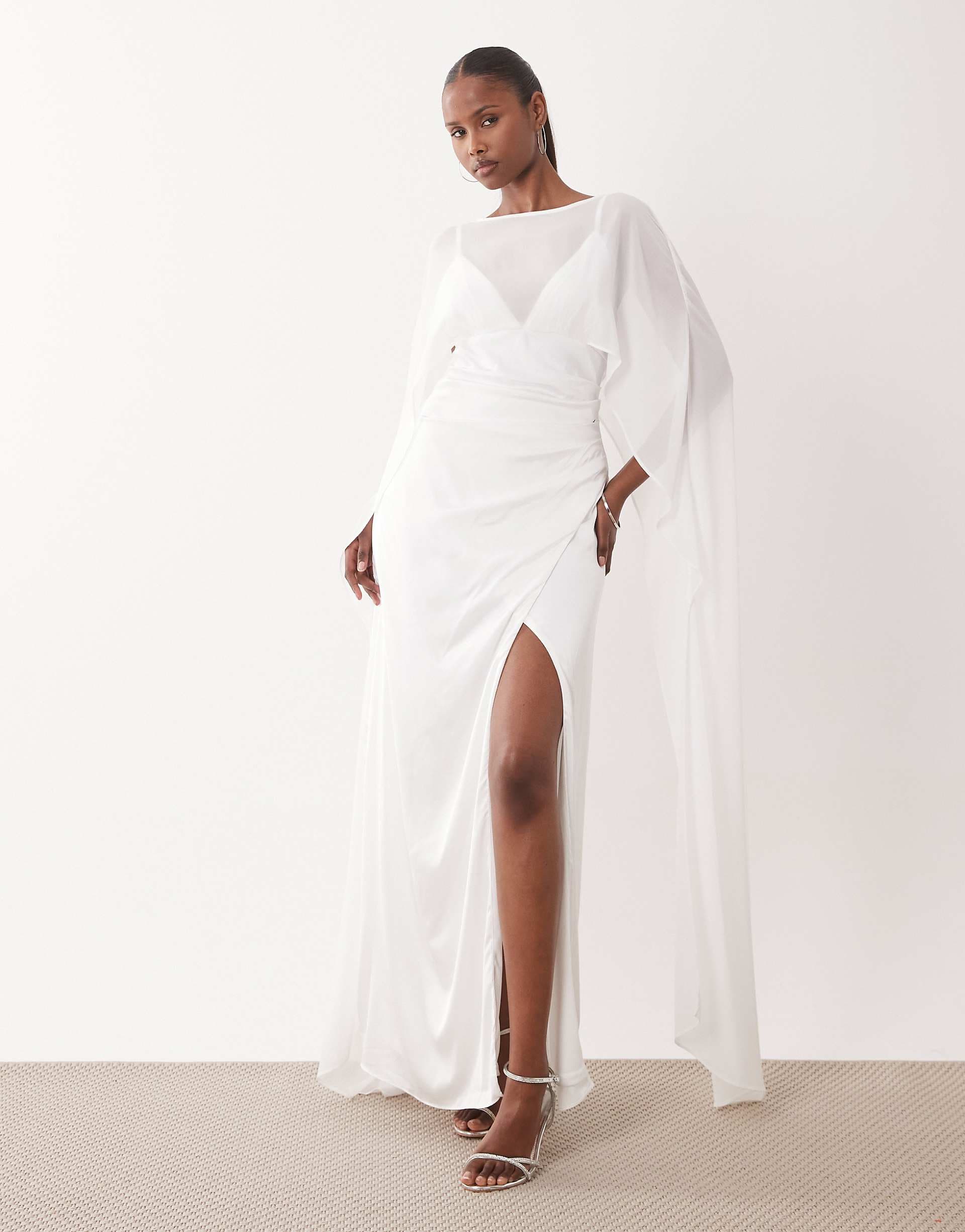 TFNC Bridal mesh cape detail satin cami maxi dress in ivory