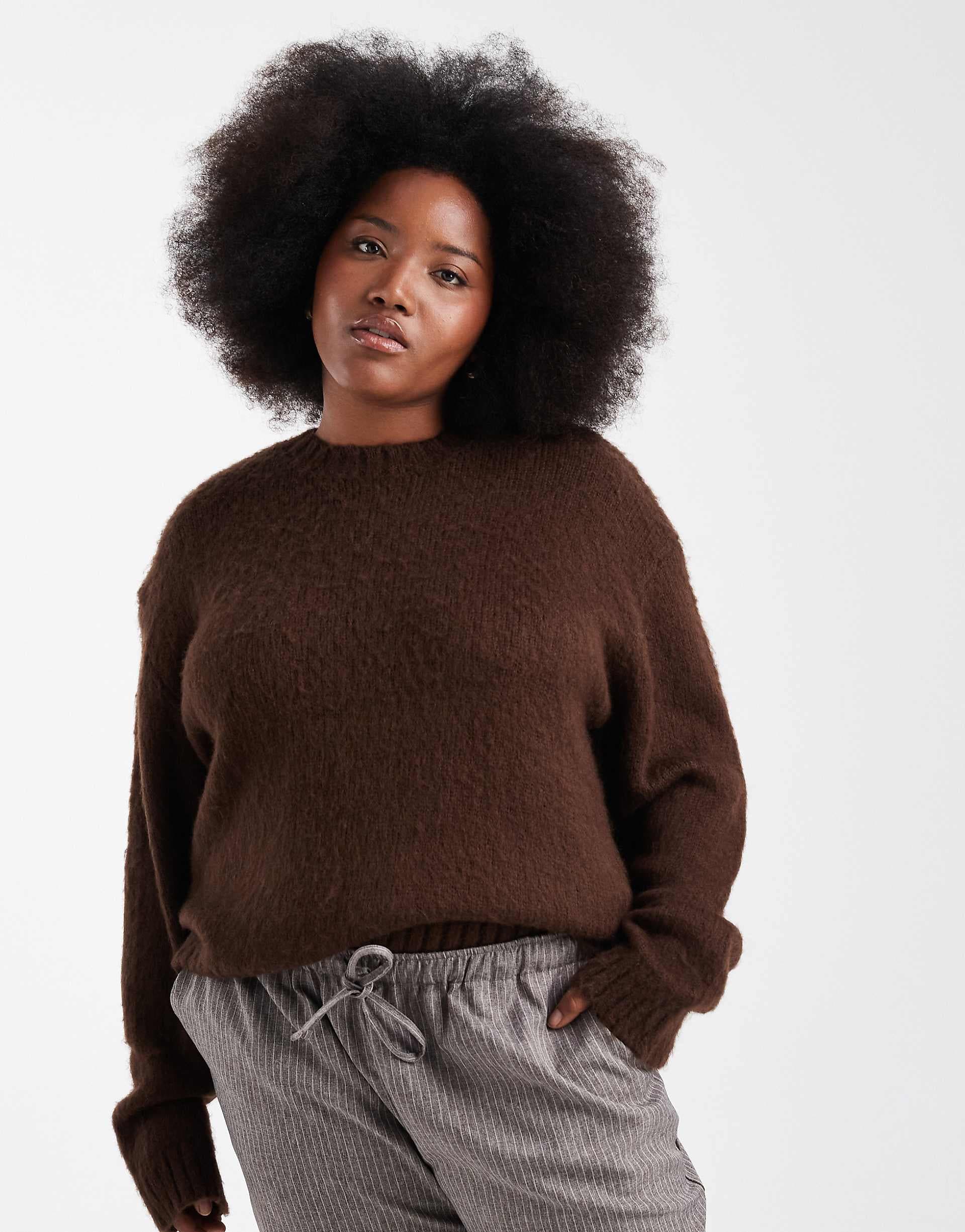Renee Studio Plus exclusive fluffy knit oversized drop shoulder crew neck sweater in chocolate