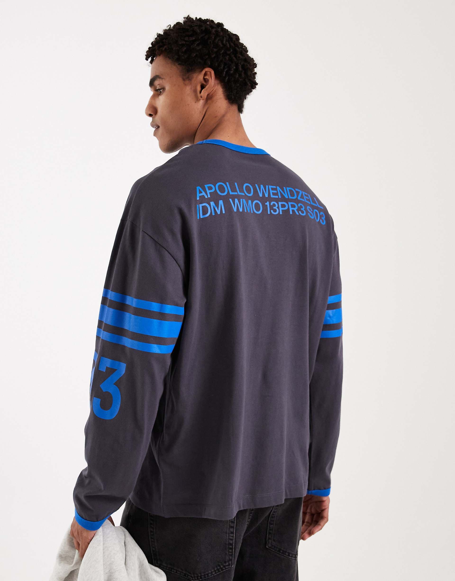 ASOS DESIGN oversized long sleeve T-shirt with print and contrast collar in charcoal