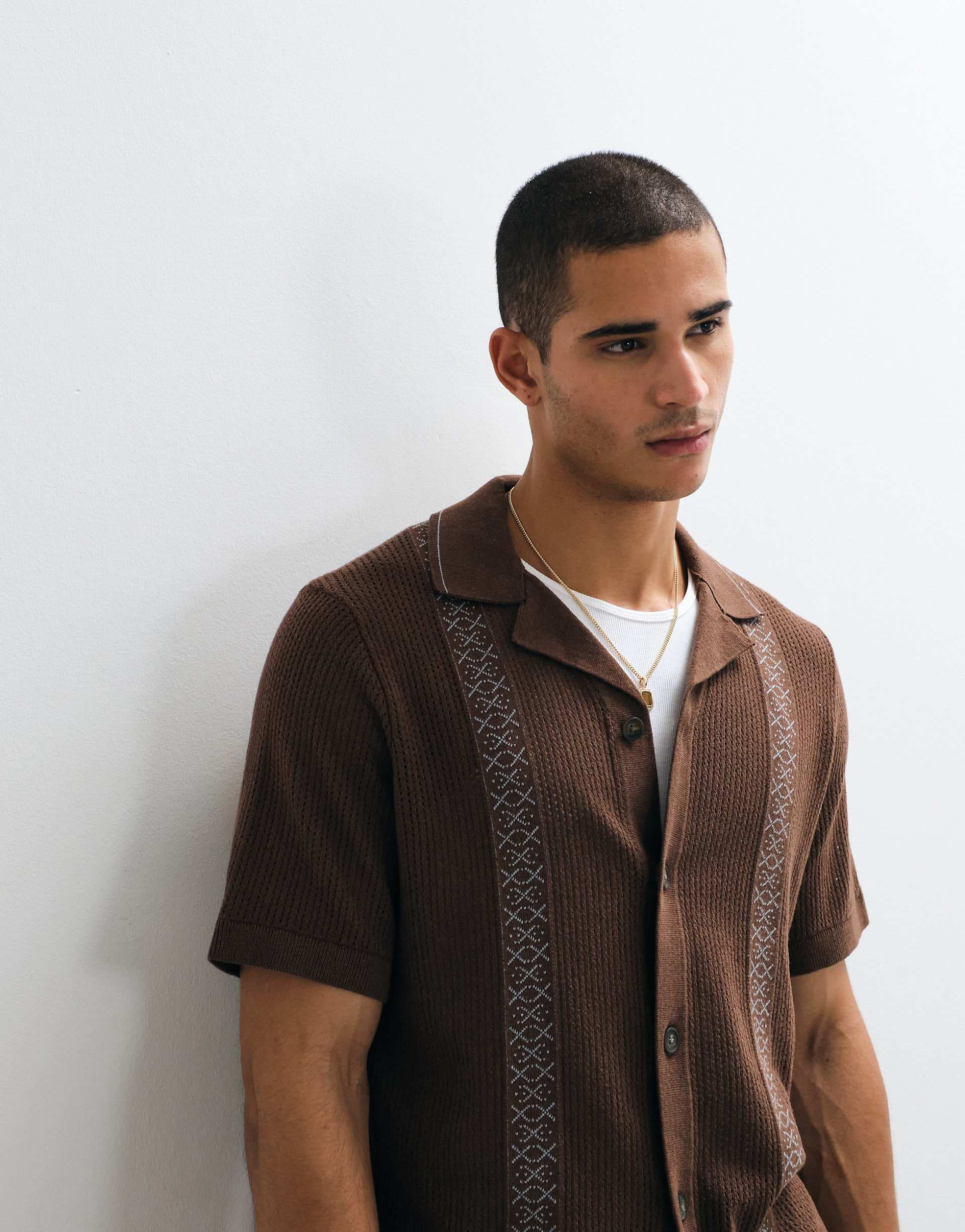 ONLY & SONS boxy fit knit shirt in brown with blue detail