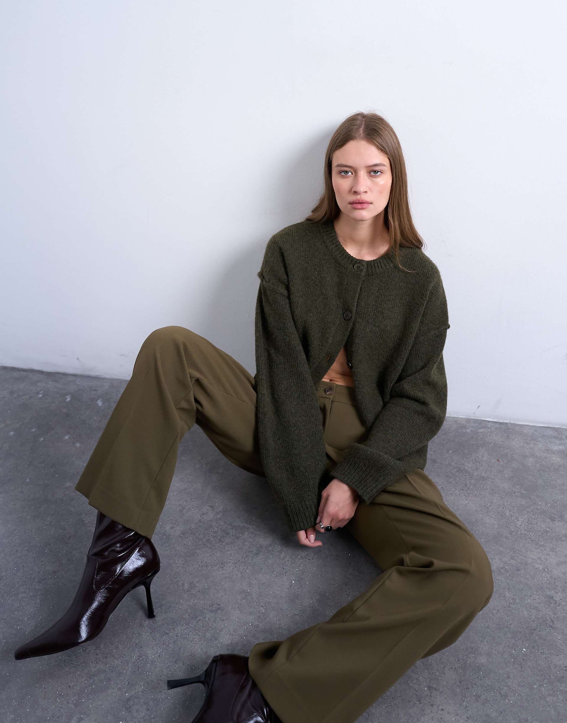 Topshop knit exposed seams relaxed cardigan in khaki green