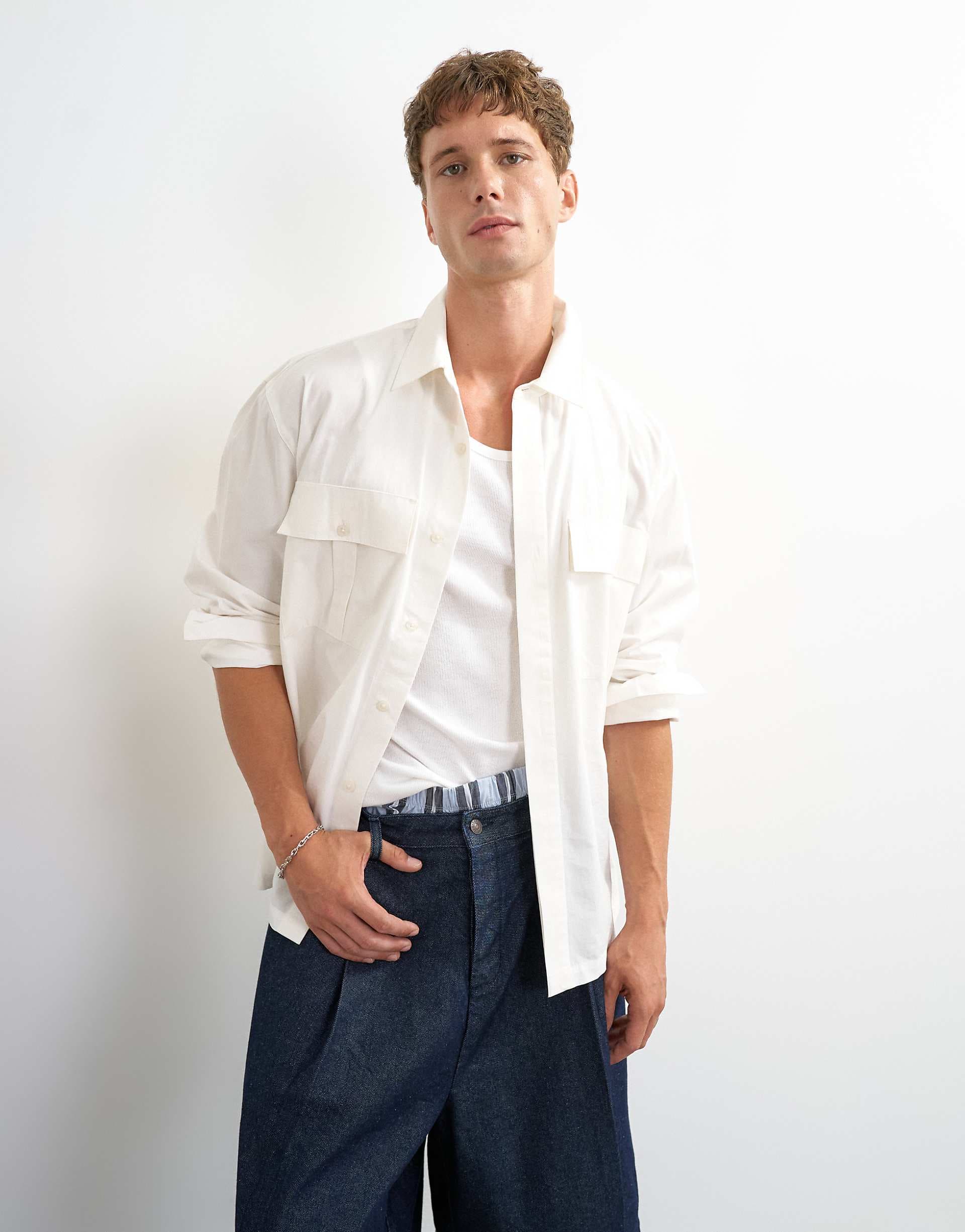 Topman relaxed fit poplin utility shirt in ecru