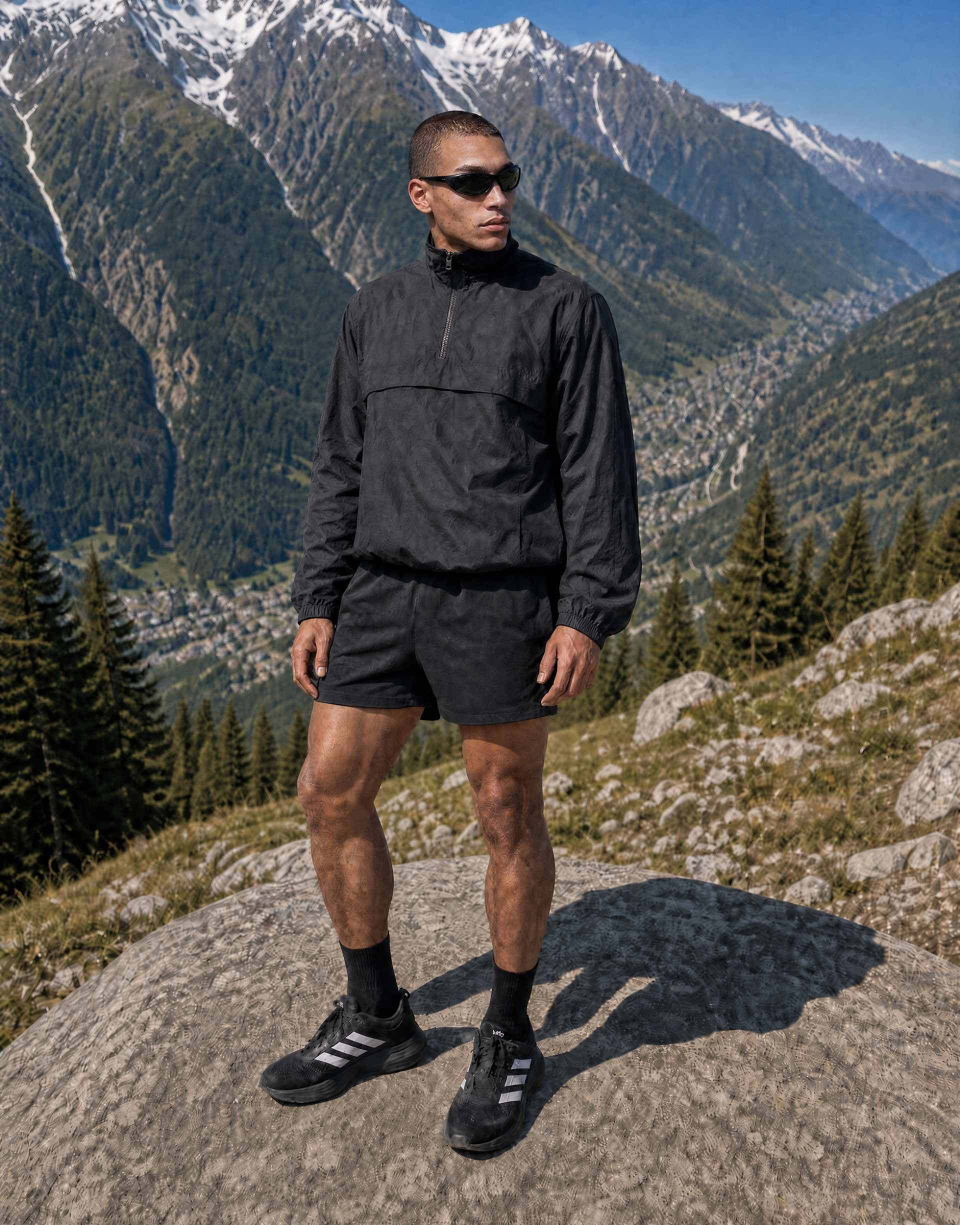 4505 ultra lightweight 1/4 zip running windbreaker jacket with front pocket in black