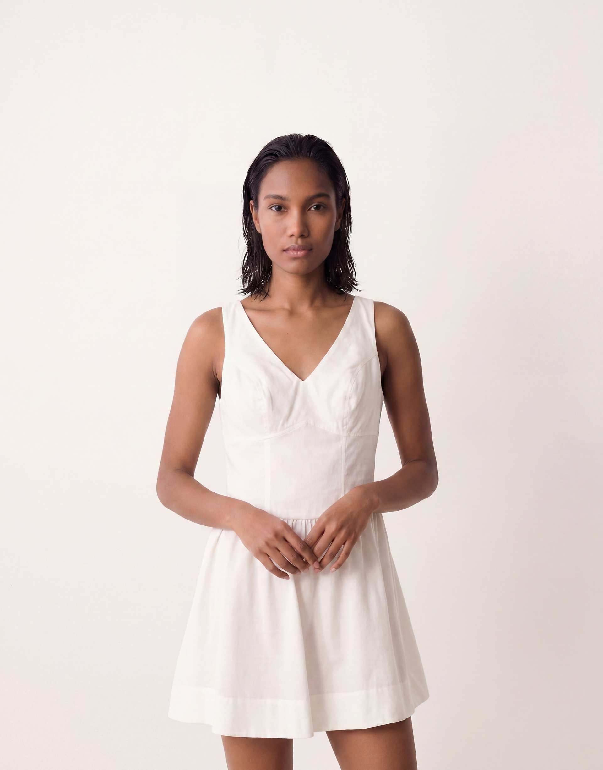 ASOS DESIGN waisted v neck mini dress with seaming details in ecru