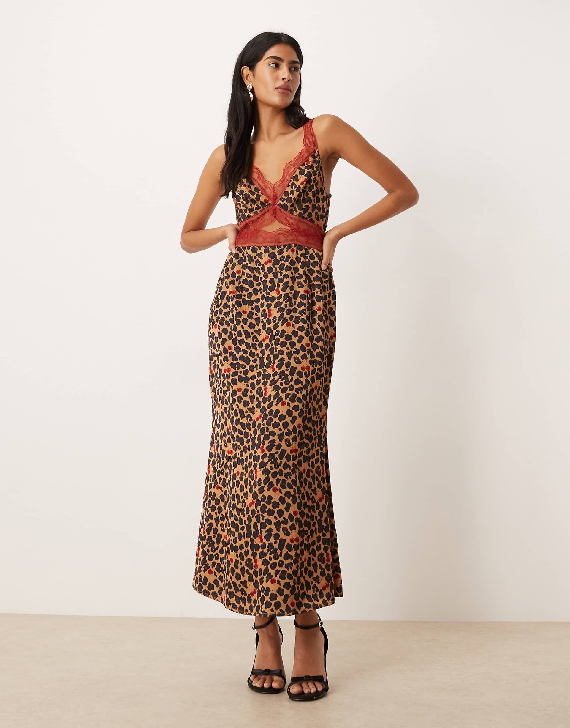 Never Fully Dressed Mimi satin red lace trim cut out midaxi dress cherry leopard print