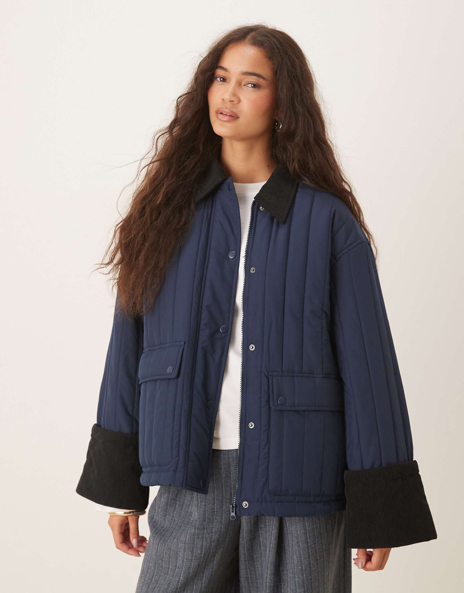 AWARE quilted barn jacket with contrast trim in navy