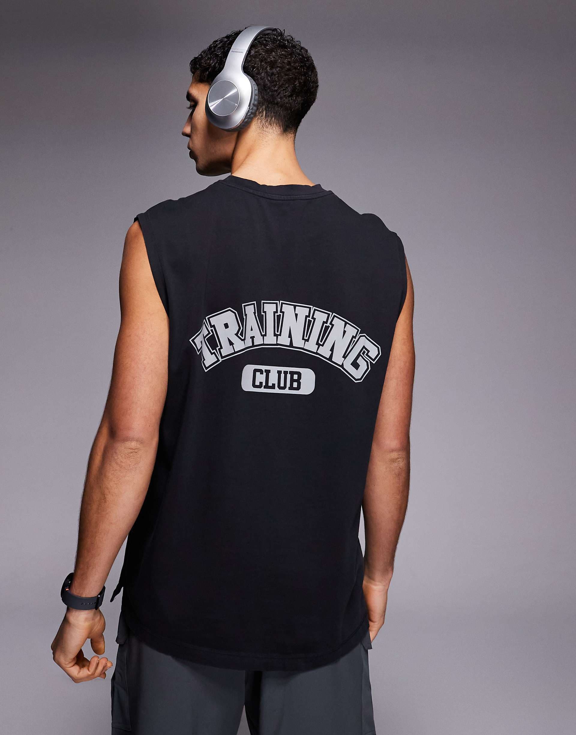4505 back print oversized heavyweight cotton training tank top with quick dry finish in washed black