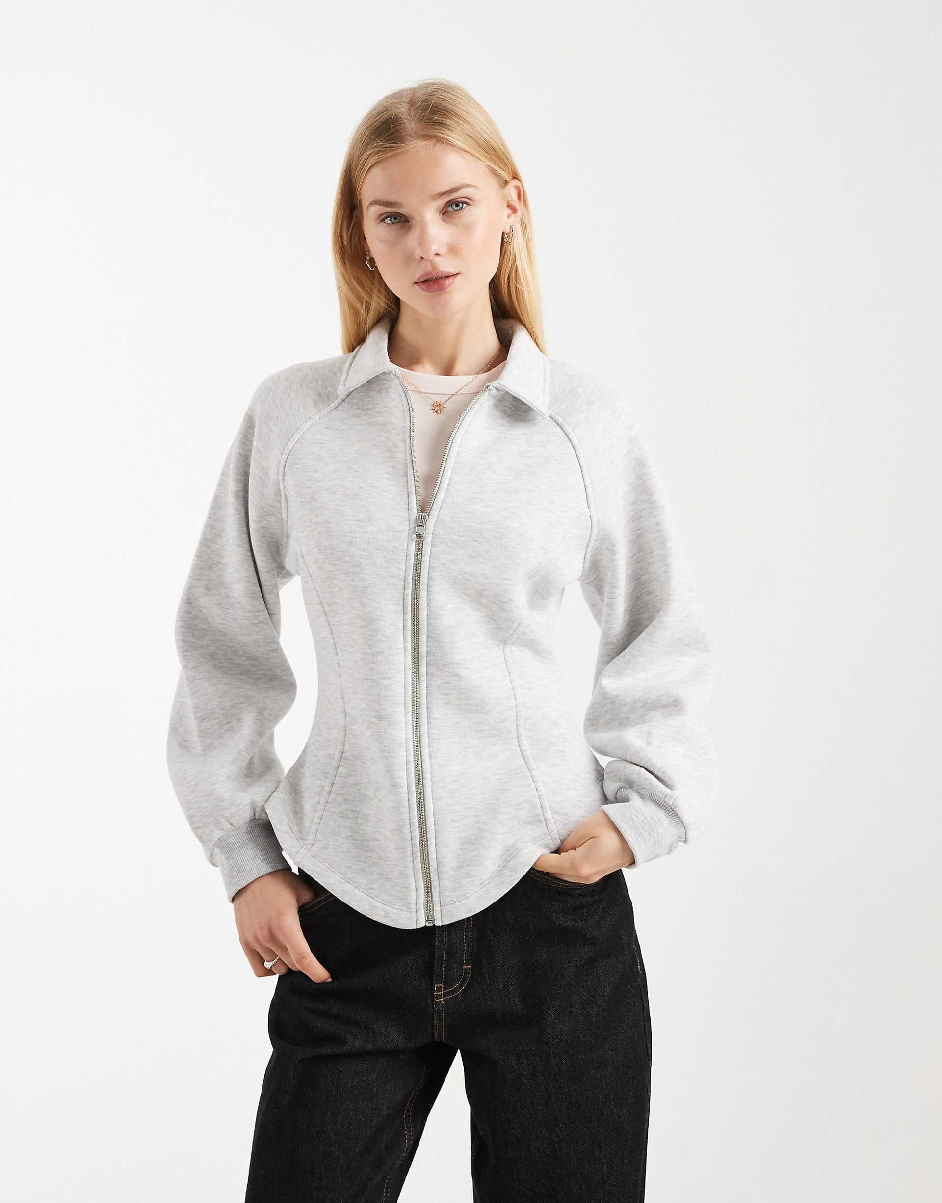 ASOS DESIGN long sleeve collared zip up top in gray