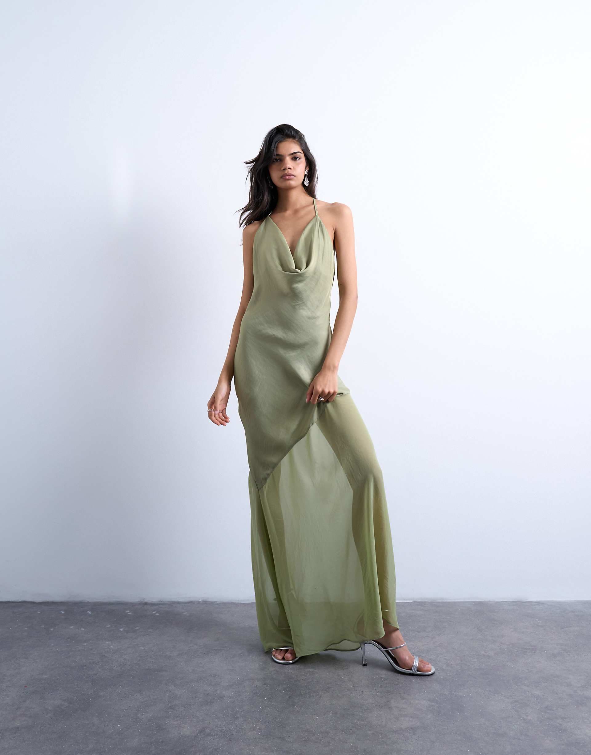 Topshop occasion mixed fabric cowl neck dress in soft green