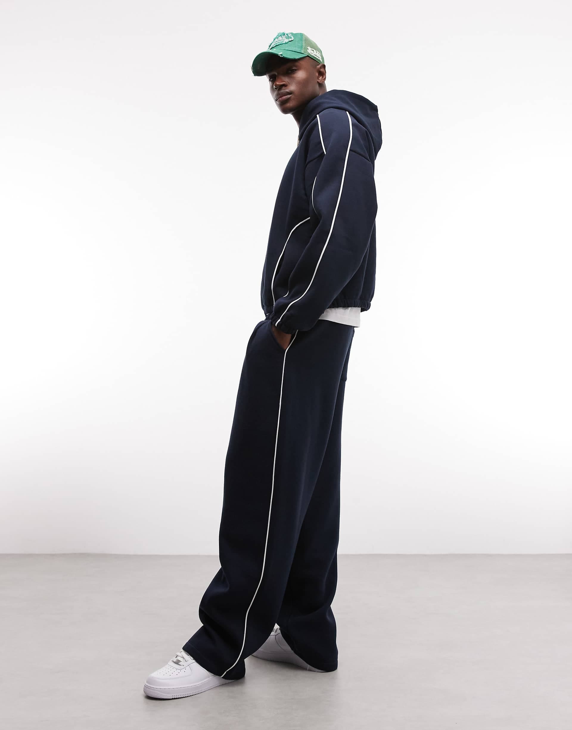 ASOS DESIGN super baggy sweatpants with side piping in navy - part of a set