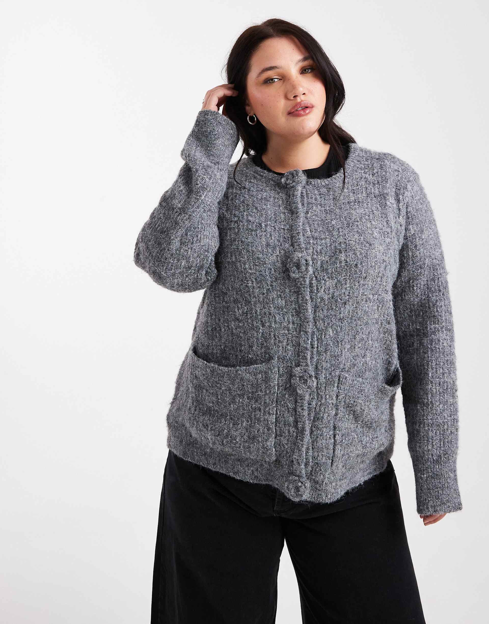 Vero Moda Curve knit cardigan with rose applique buttons in gray