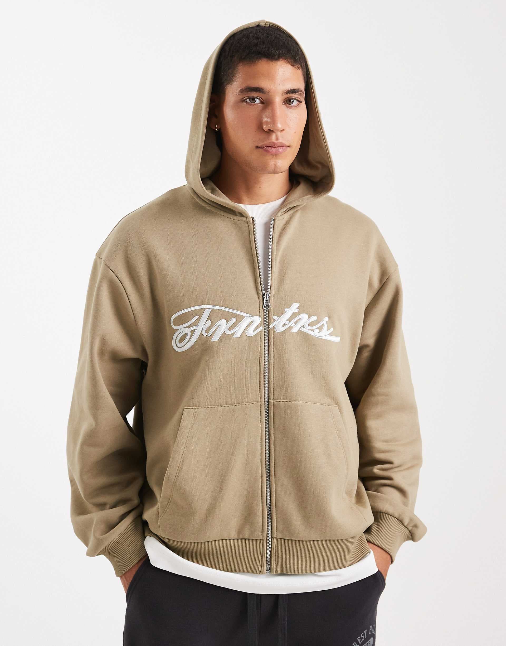 ASOS DESIGN relaxed zip up hoodie with embroidery print in beige
