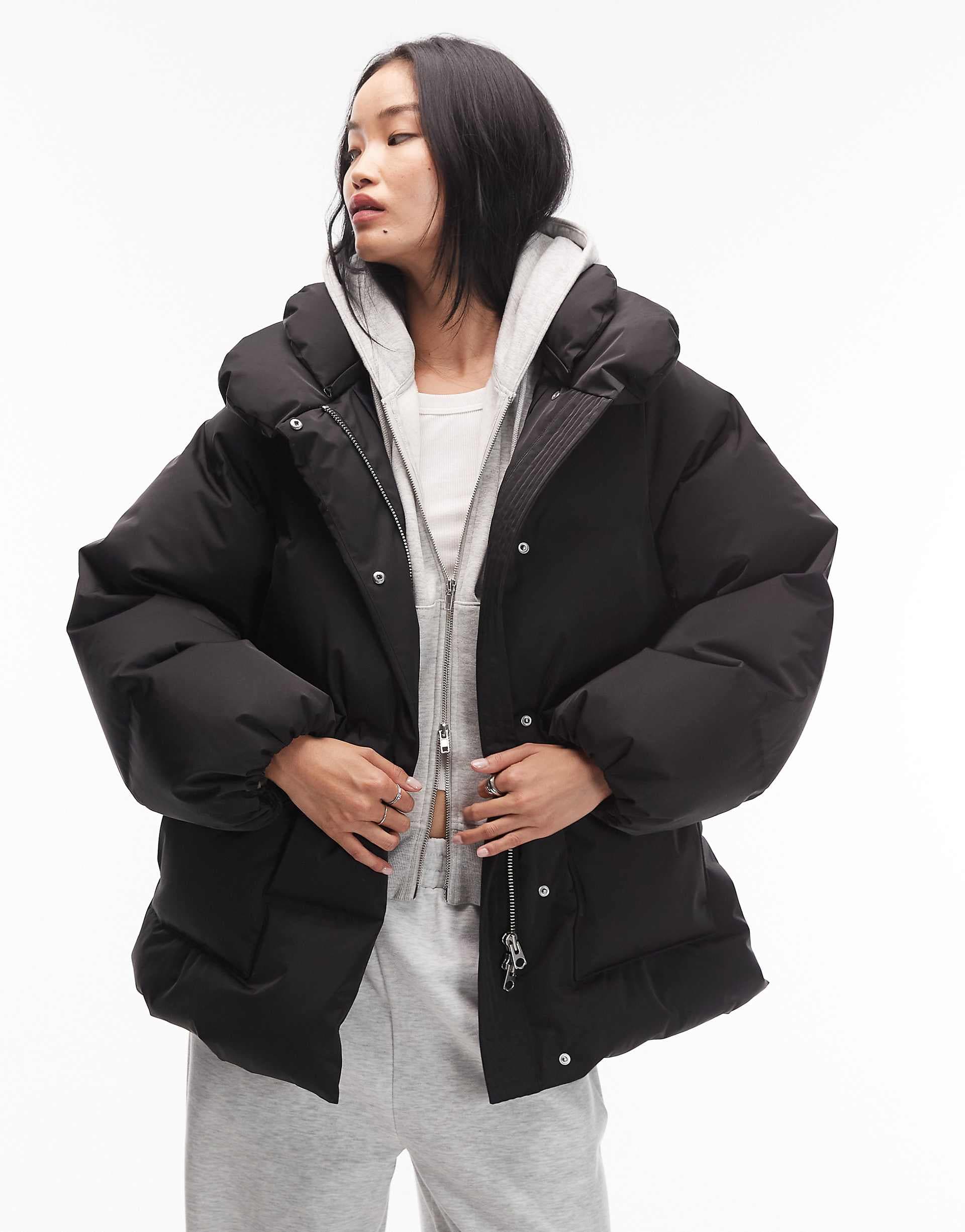 & Other Stories midi padded puffer coat with front pockets in black