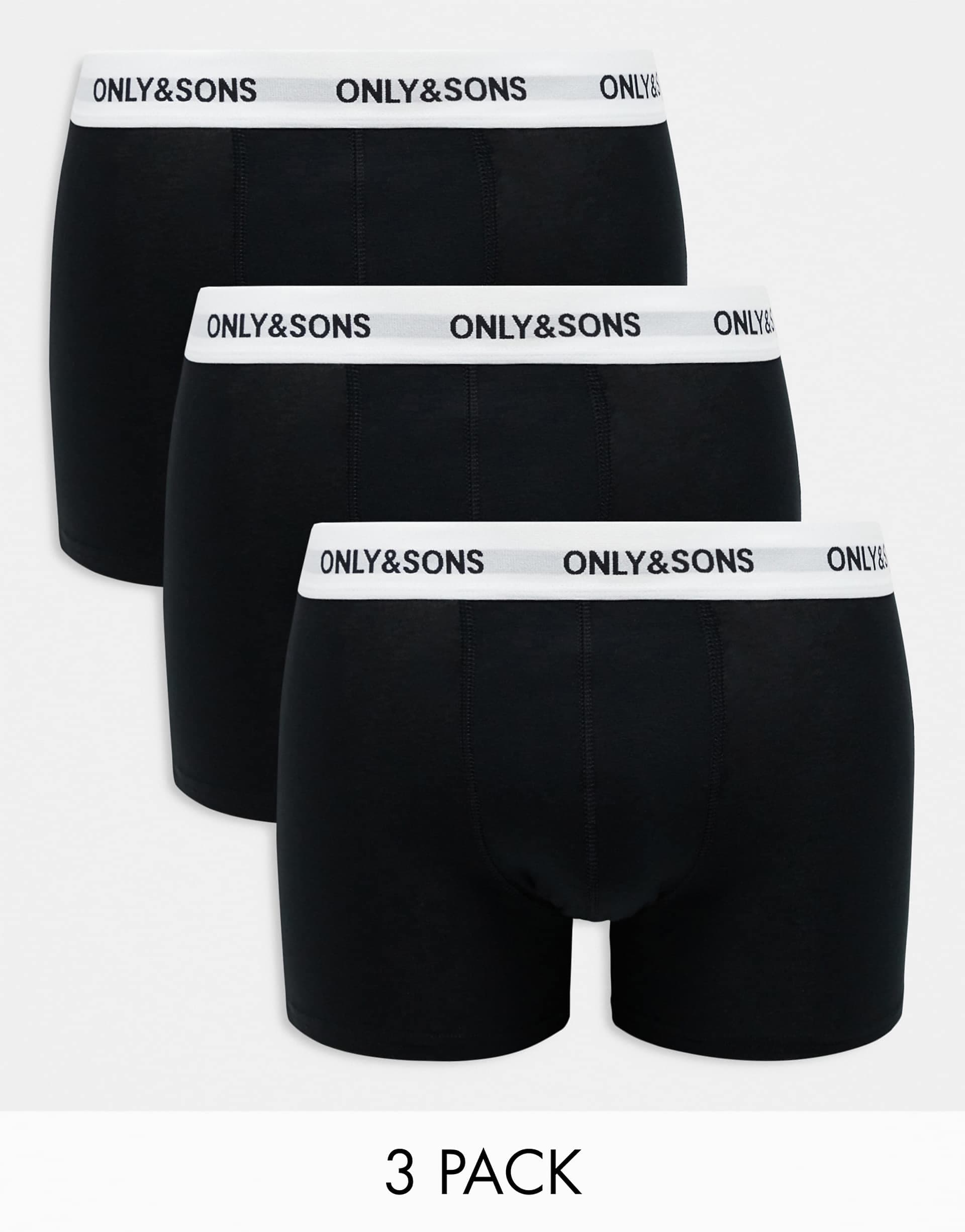 Only & Sons 3-pack trunks in black with white logo waistband