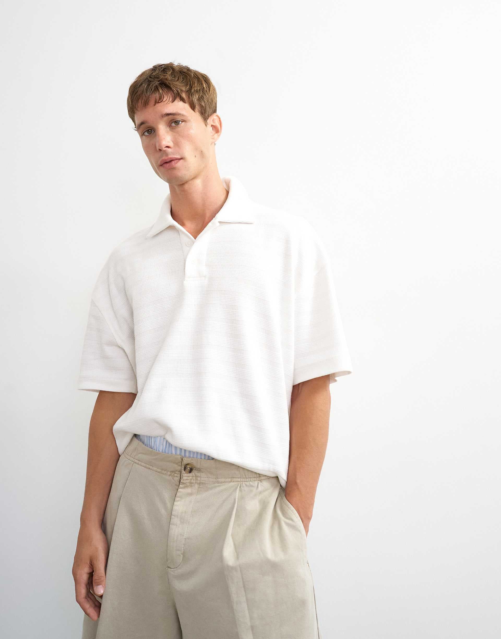 Topman boxy fit textured striped jersey polo in ecru