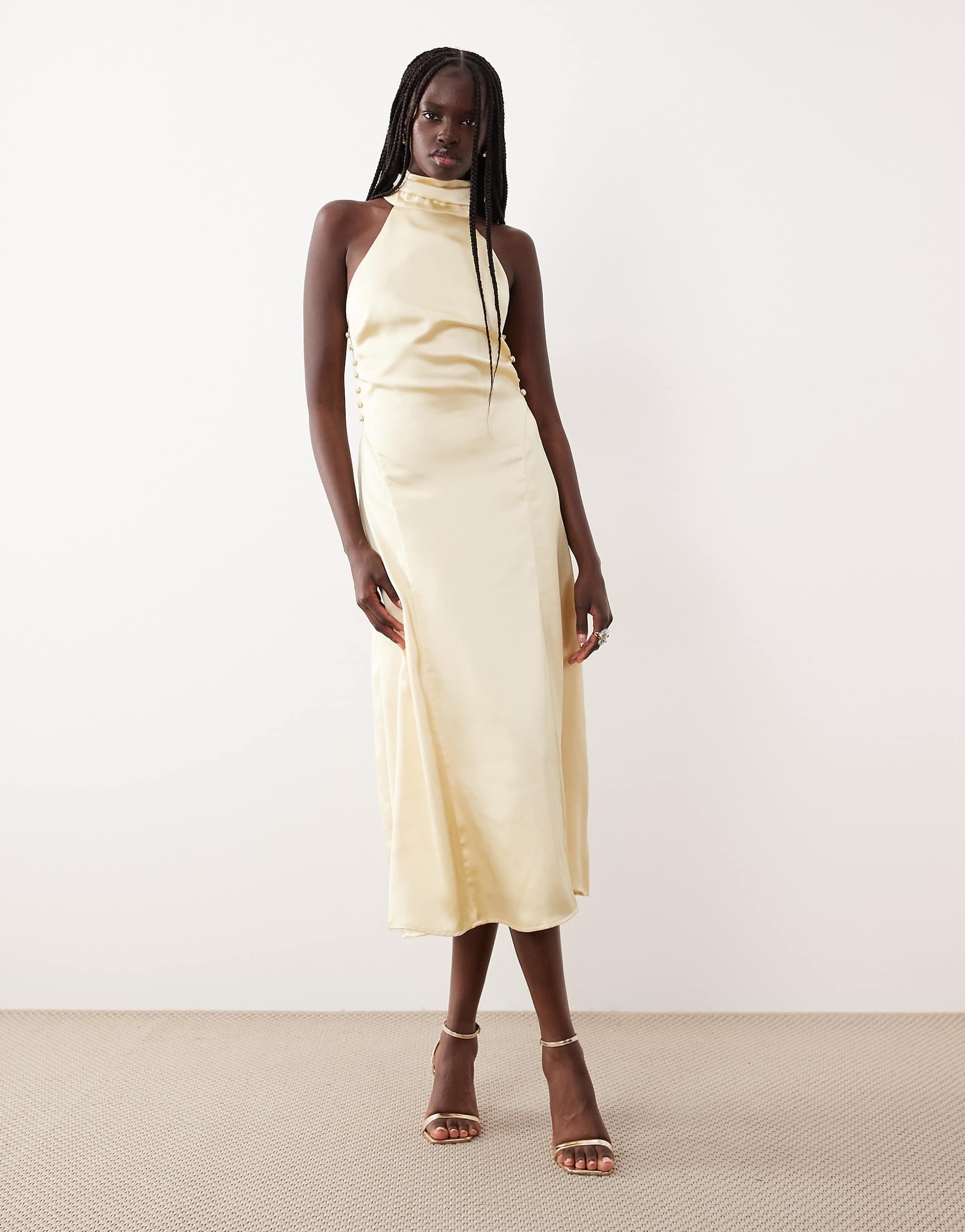 Pretty Lavish satin high neck cut out back midaxi dress in lemon butter yellow